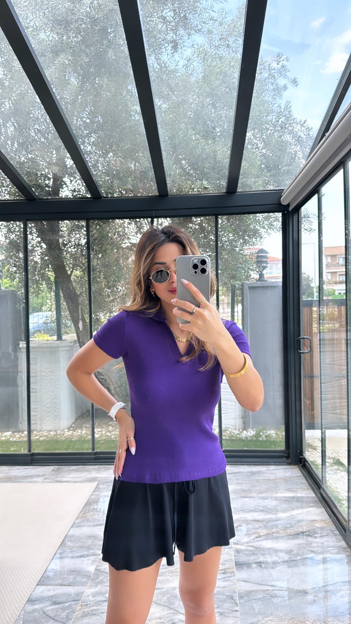 Mor Yakalı Ribana Tshirt