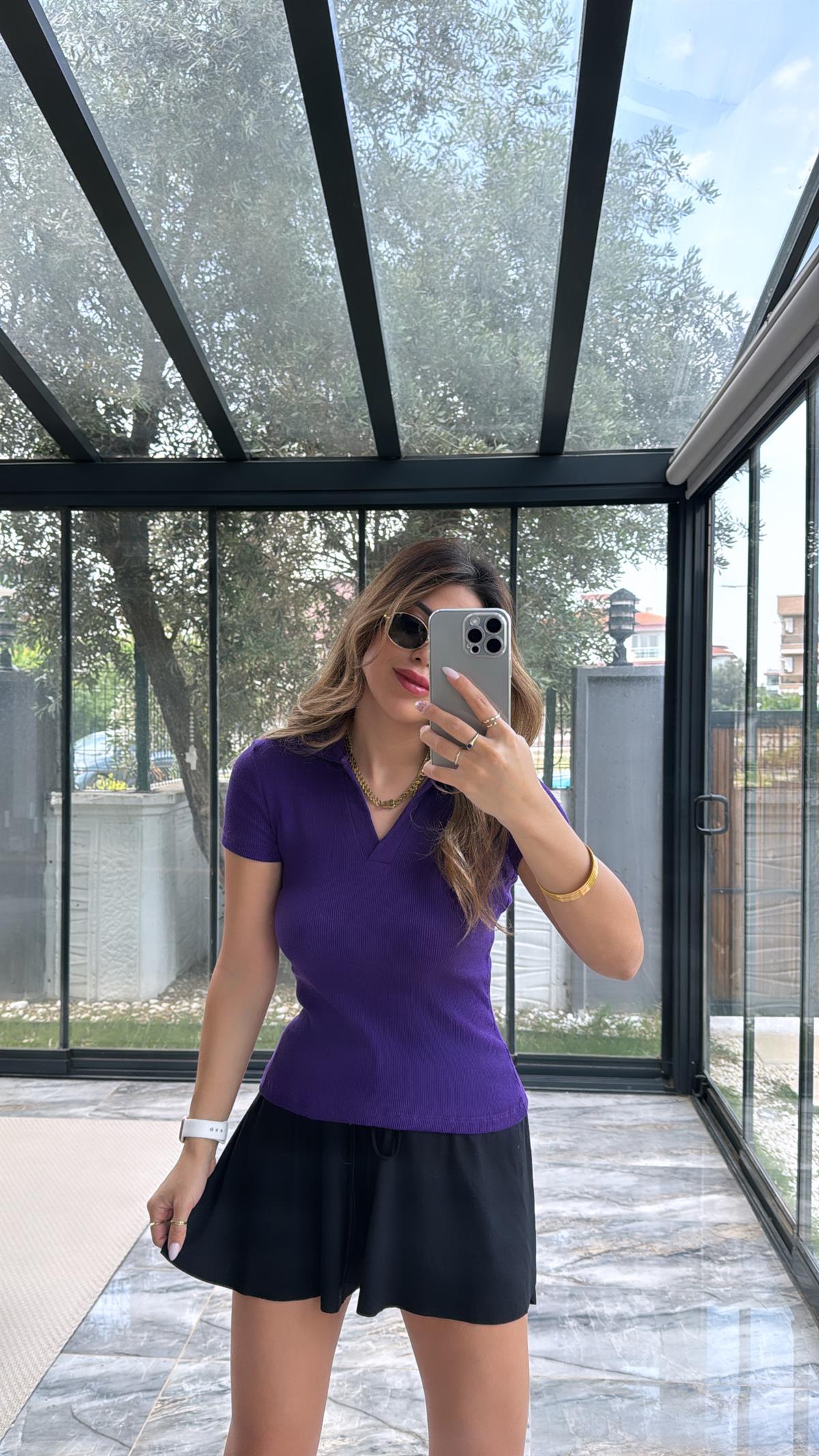 Mor Yakalı Ribana Tshirt