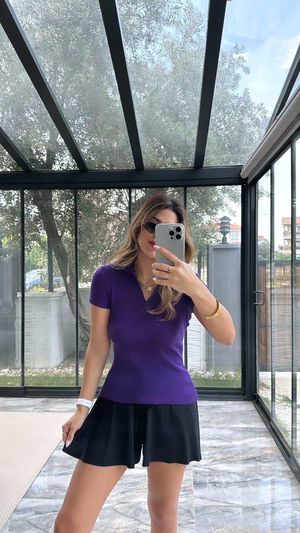 Mor Yakalı Ribana Tshirt