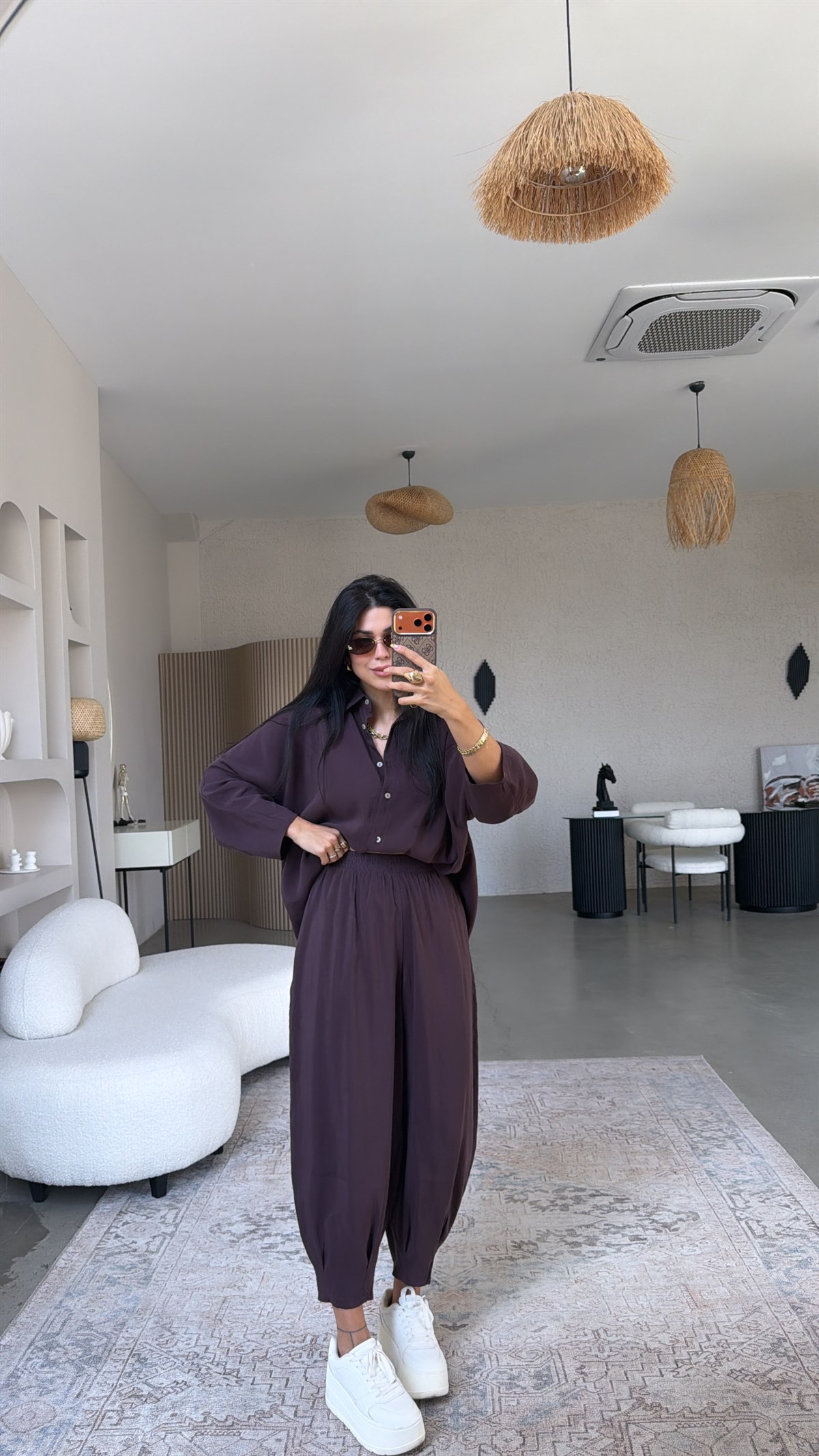 Mürdüm Baggy Pantolon Gömlek Tensel Takım