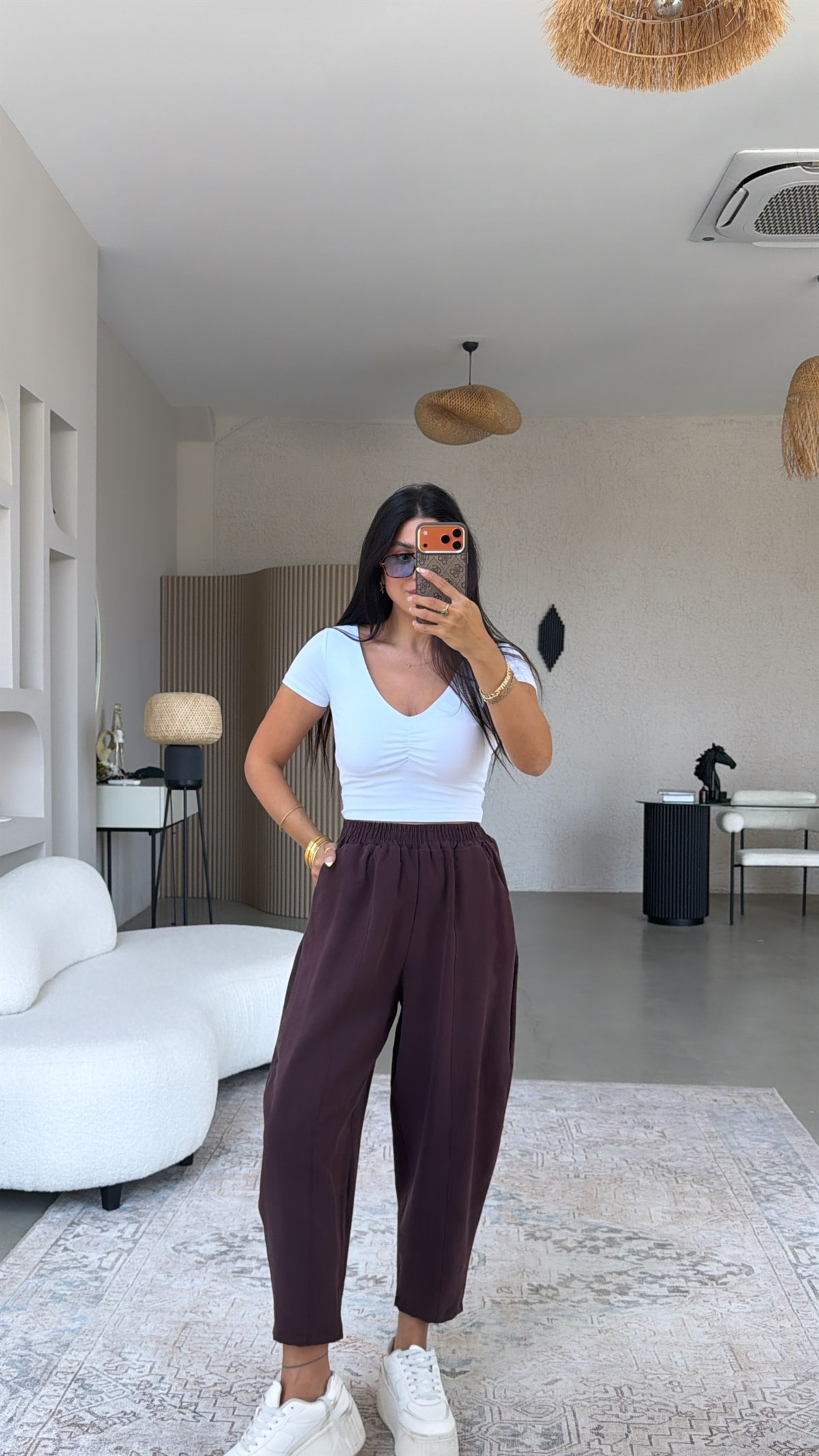 Mürdüm Beli Lastikli Baggy Yıkamalı Tensel Kumaş Premium Pantolon