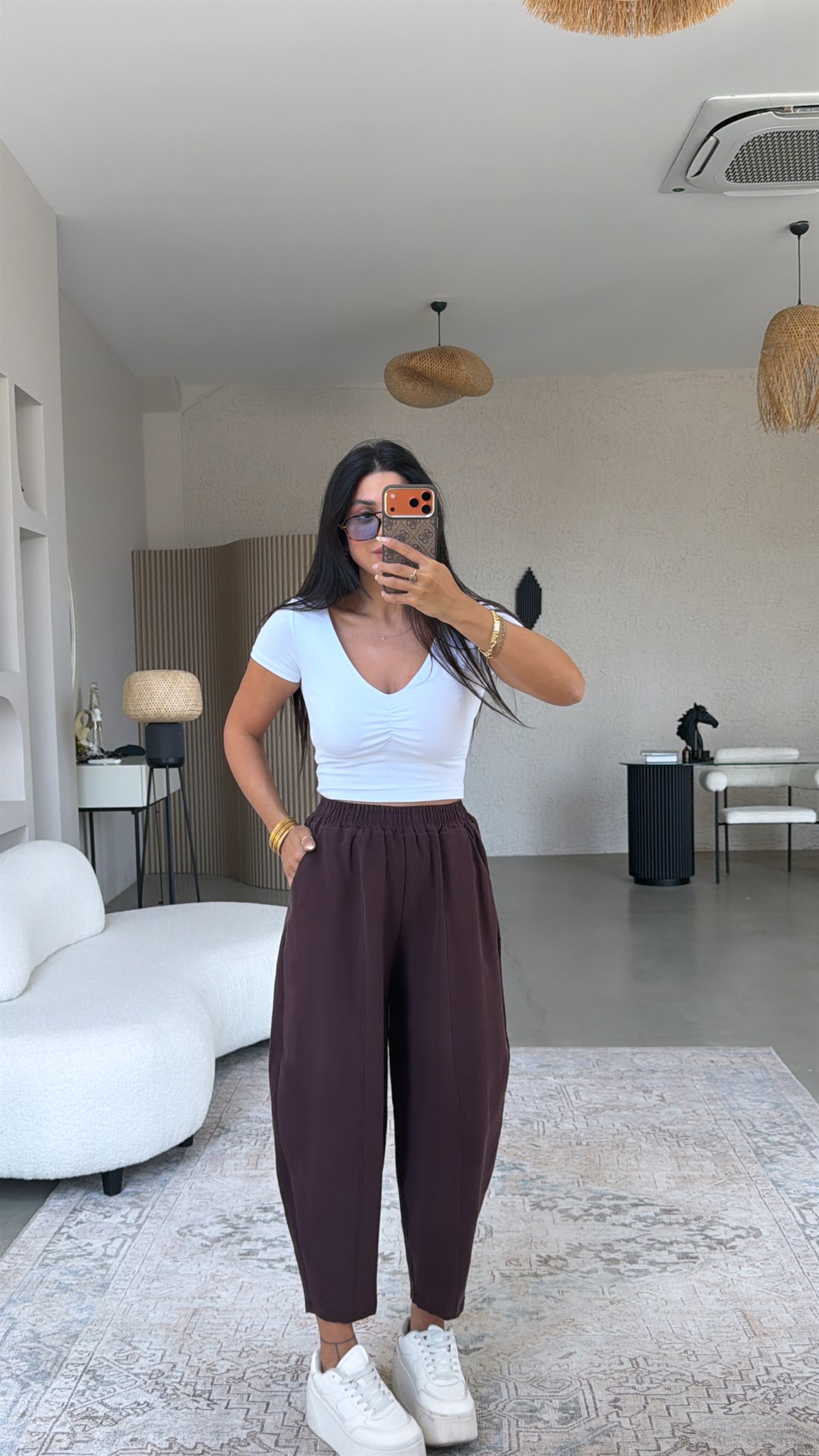Mürdüm Beli Lastikli Baggy Yıkamalı Tensel Kumaş Premium Pantolon