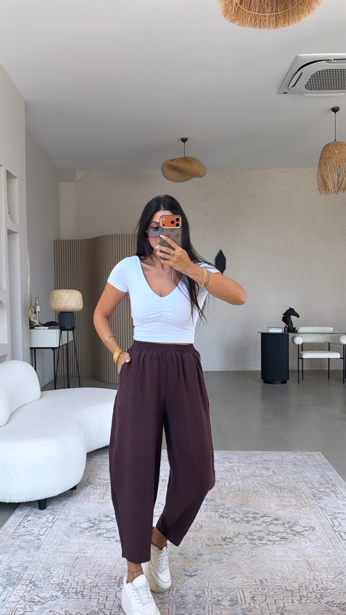 Mürdüm Beli Lastikli Baggy Yıkamalı Tensel Kumaş Premium Pantolon