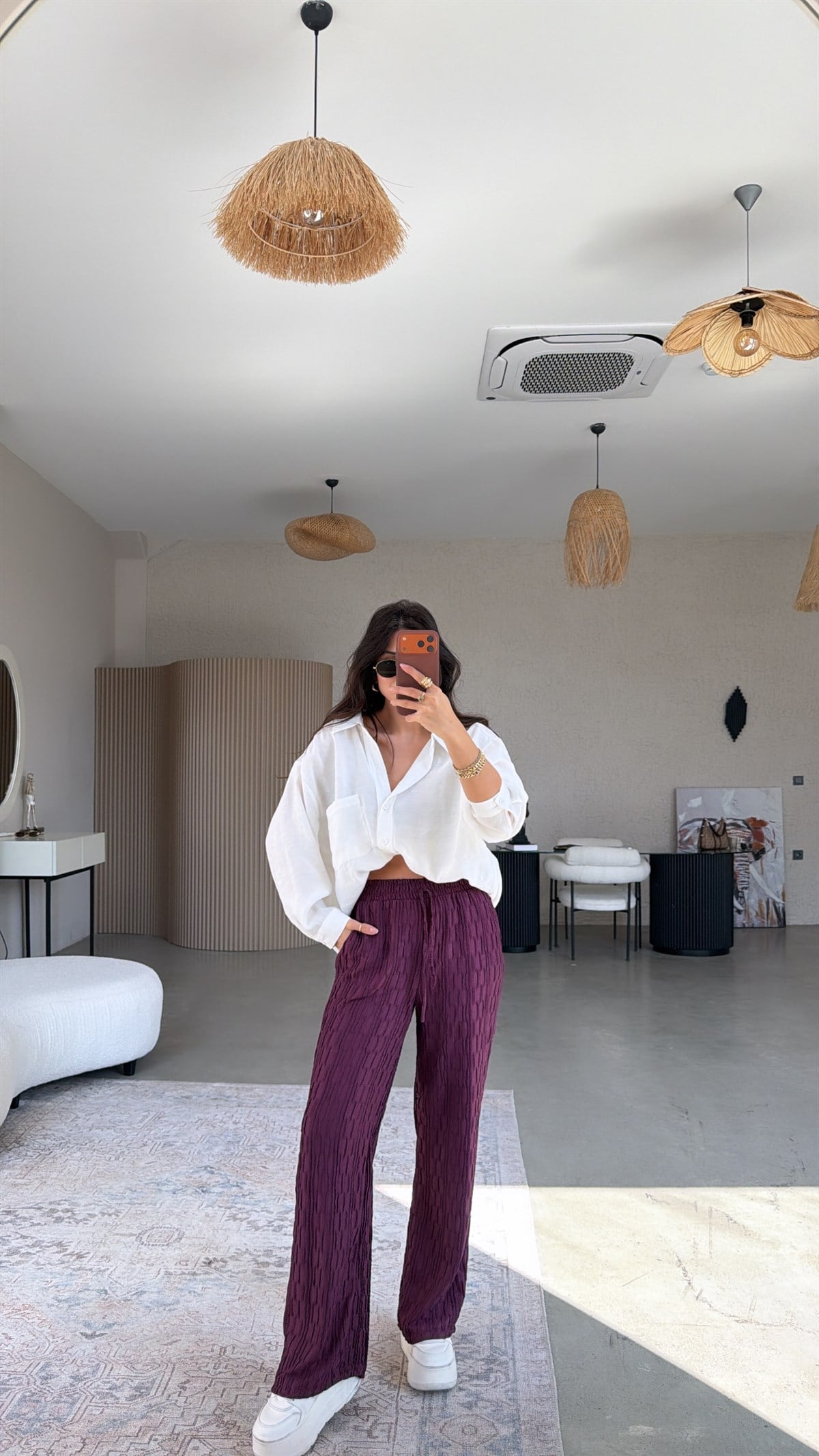 Mürdüm Bürümcük Kumaş Lastikli Pantolon