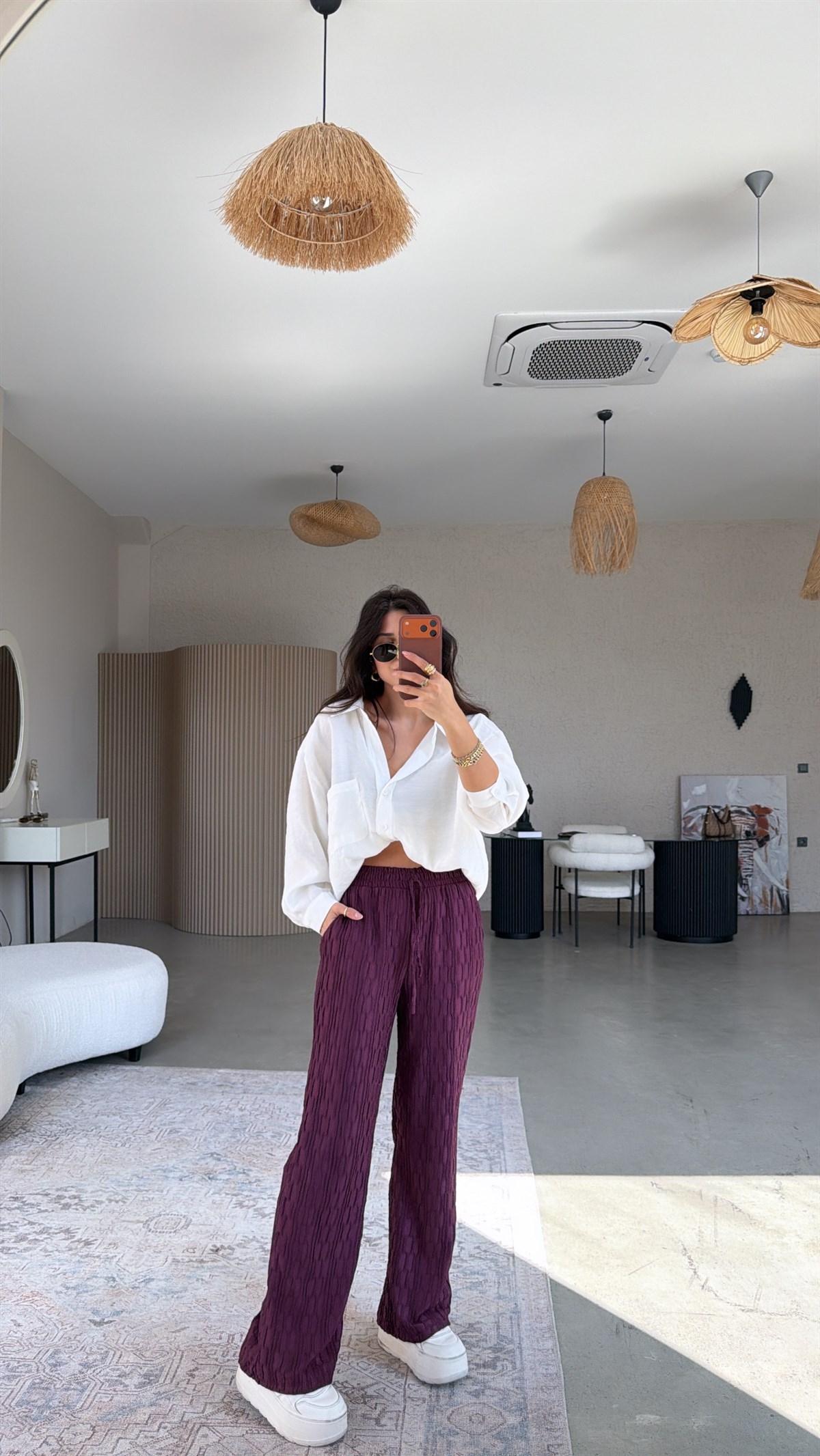 Mürdüm Bürümcük Kumaş Lastikli Pantolon