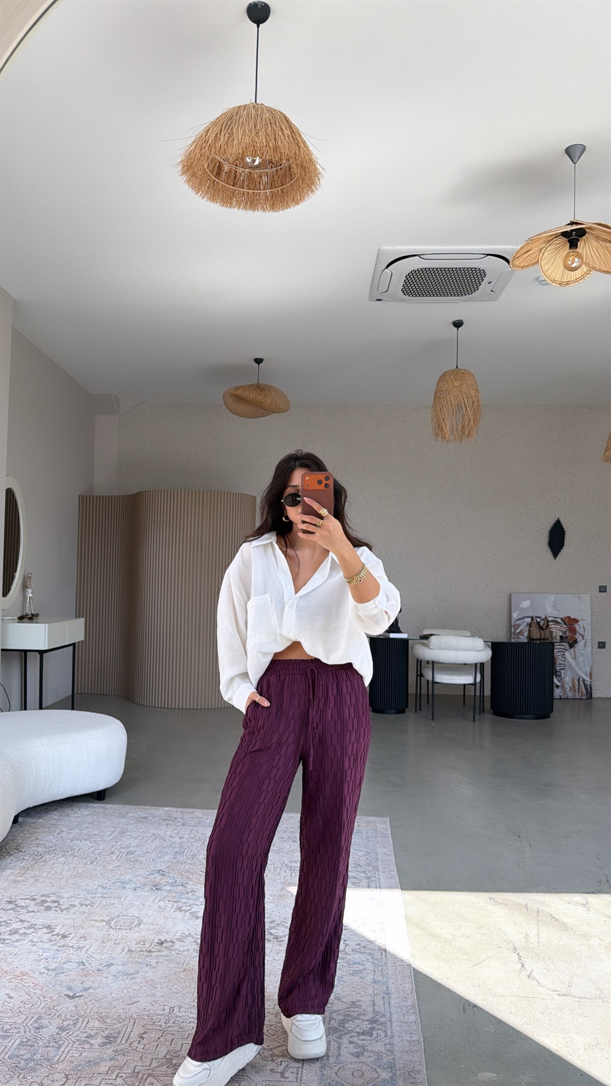 Mürdüm Bürümcük Kumaş Lastikli Pantolon