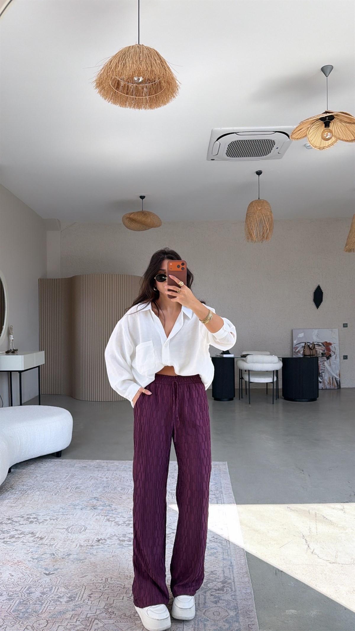 Mürdüm Bürümcük Kumaş Lastikli Pantolon