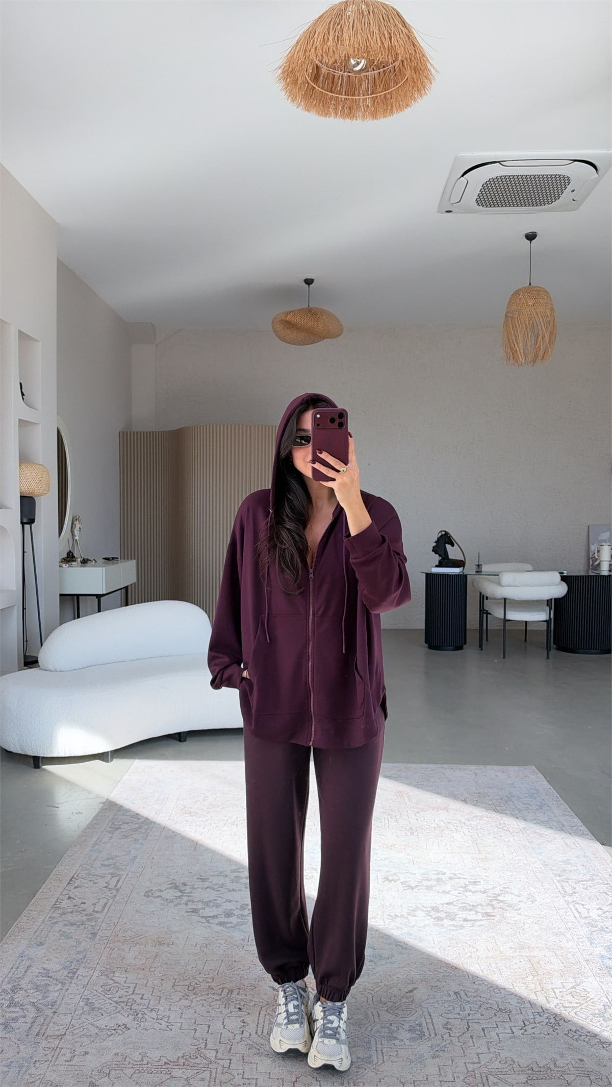 Mürdüm Fermuarlı Cepli Modal Hoodie