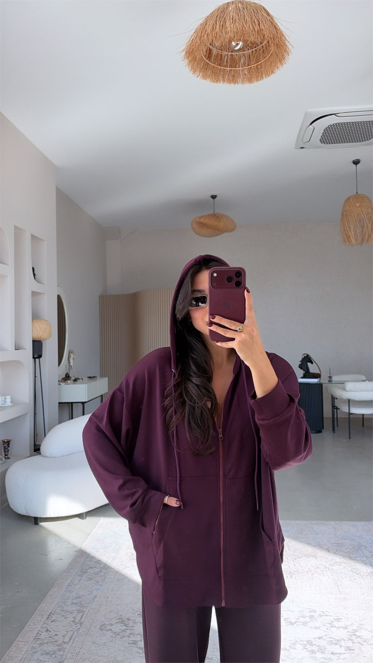 Mürdüm Fermuarlı Cepli Modal Hoodie