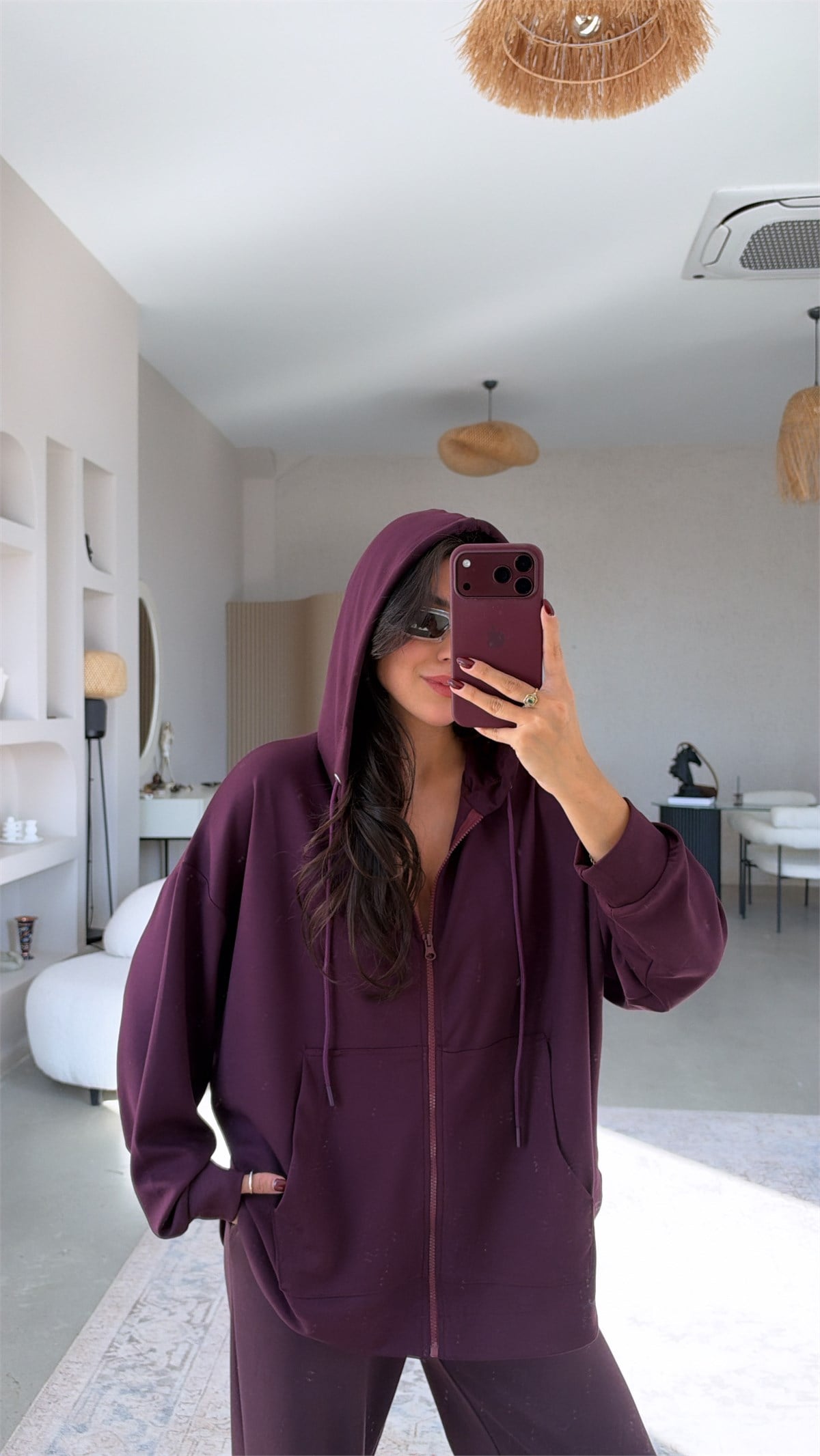 Mürdüm Fermuarlı Cepli Modal Hoodie