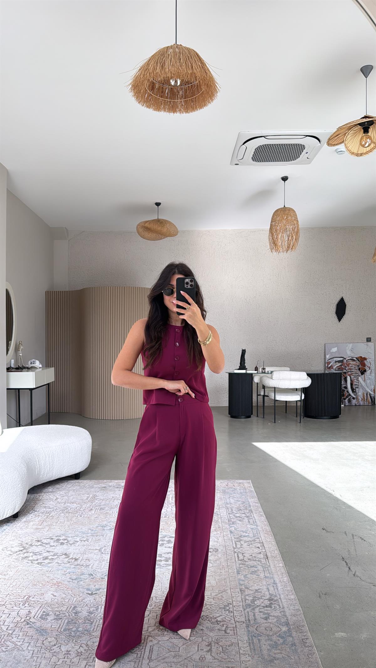 Mürdüm Kumaş Yelek Pantolon Takım