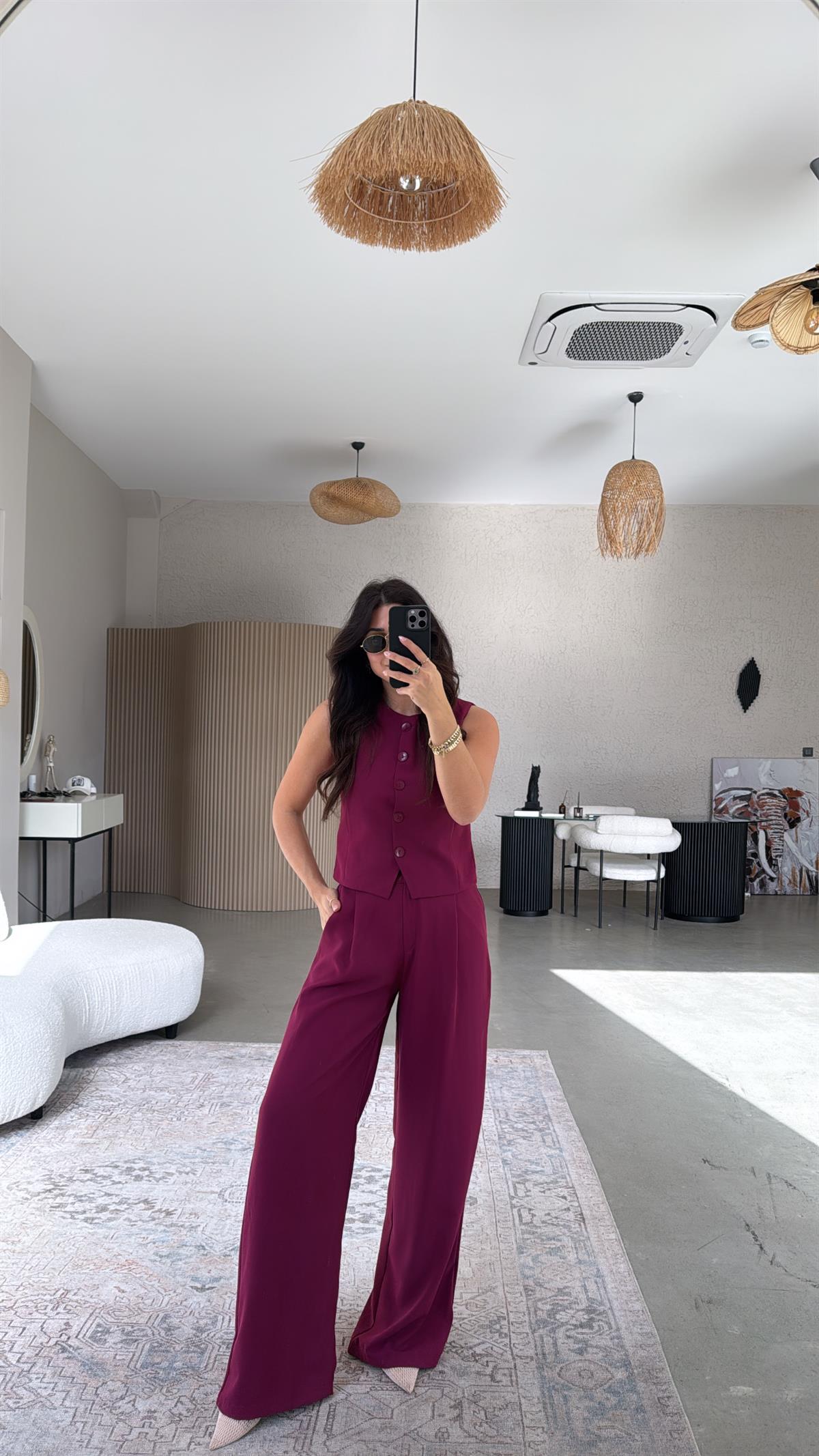 Mürdüm Kumaş Yelek Pantolon Takım