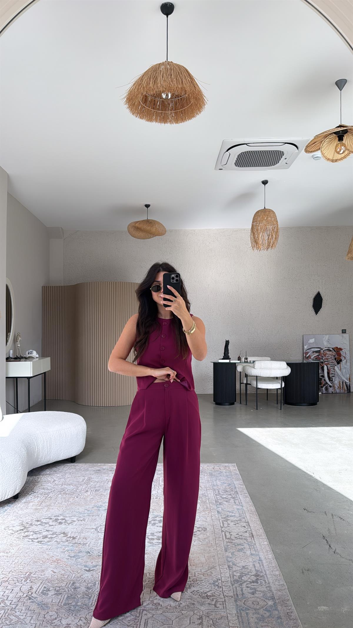 Mürdüm Kumaş Yelek Pantolon Takım