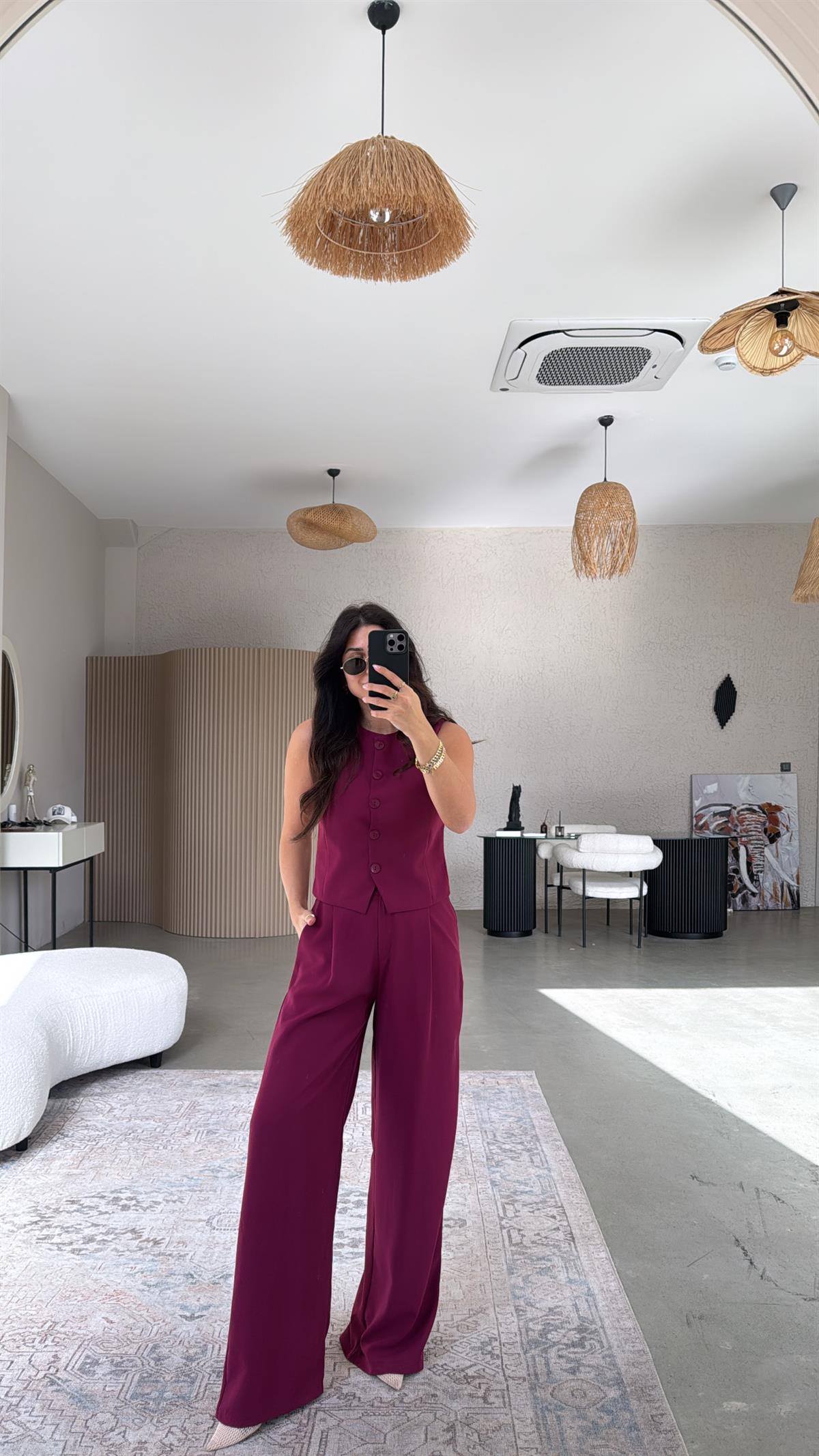 Mürdüm Kumaş Yelek Pantolon Takım