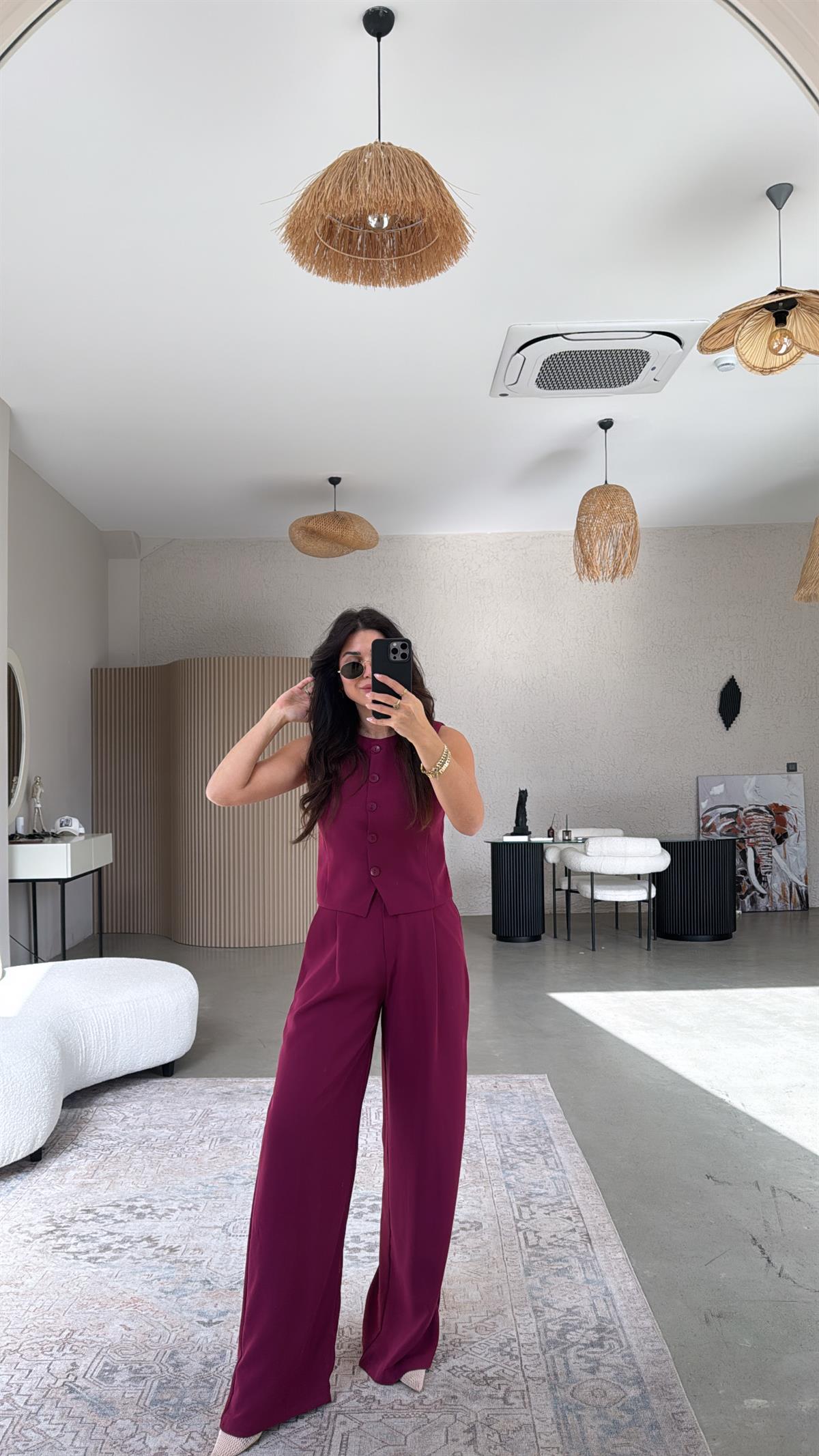 Mürdüm Kumaş Yelek Pantolon Takım