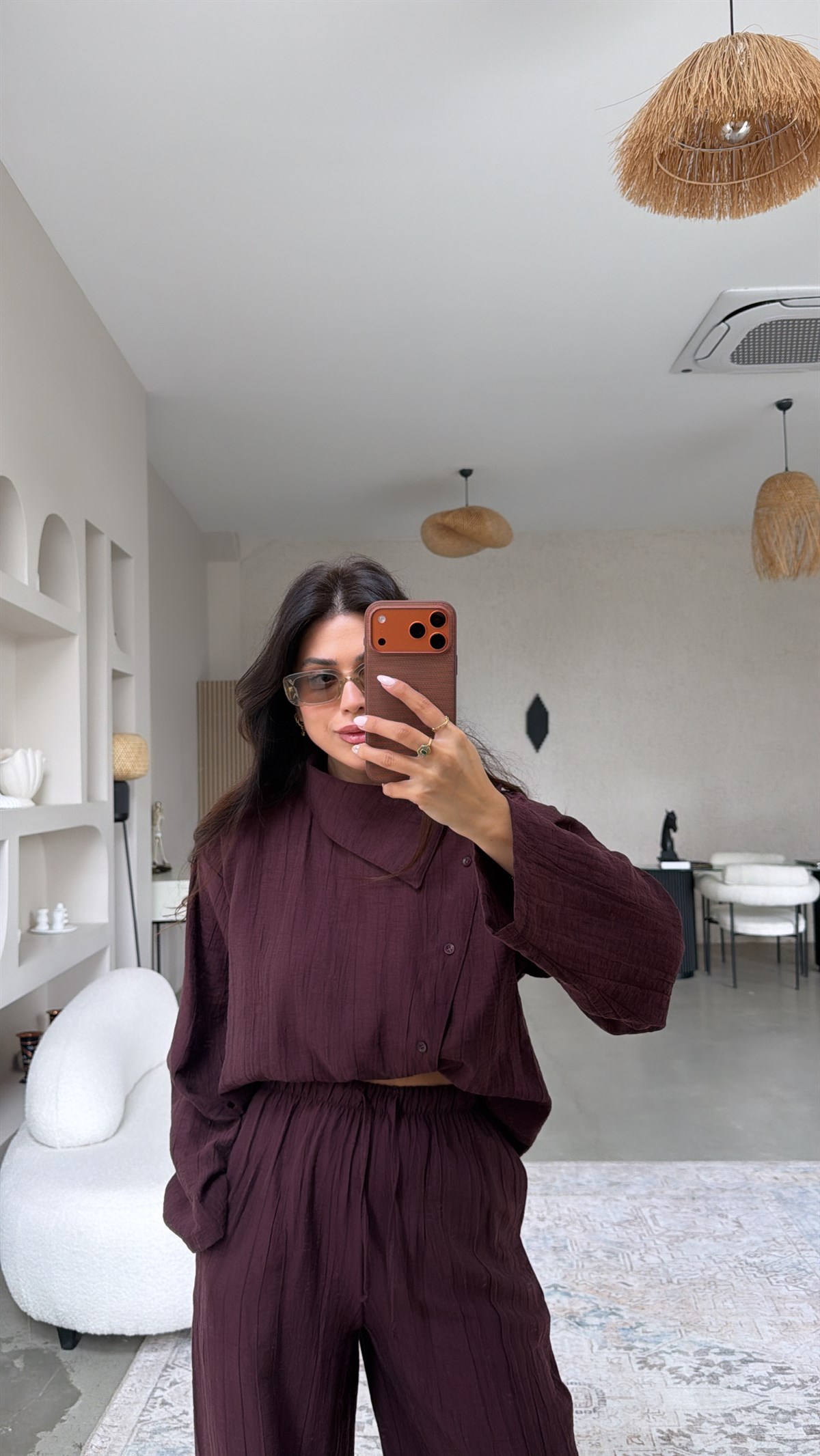 Mürdüm Yan Düğmeli Gömlek Pantolon Takım