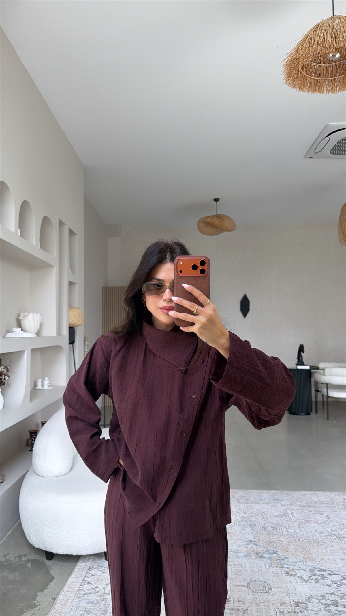 Mürdüm Yan Düğmeli Gömlek Pantolon Takım