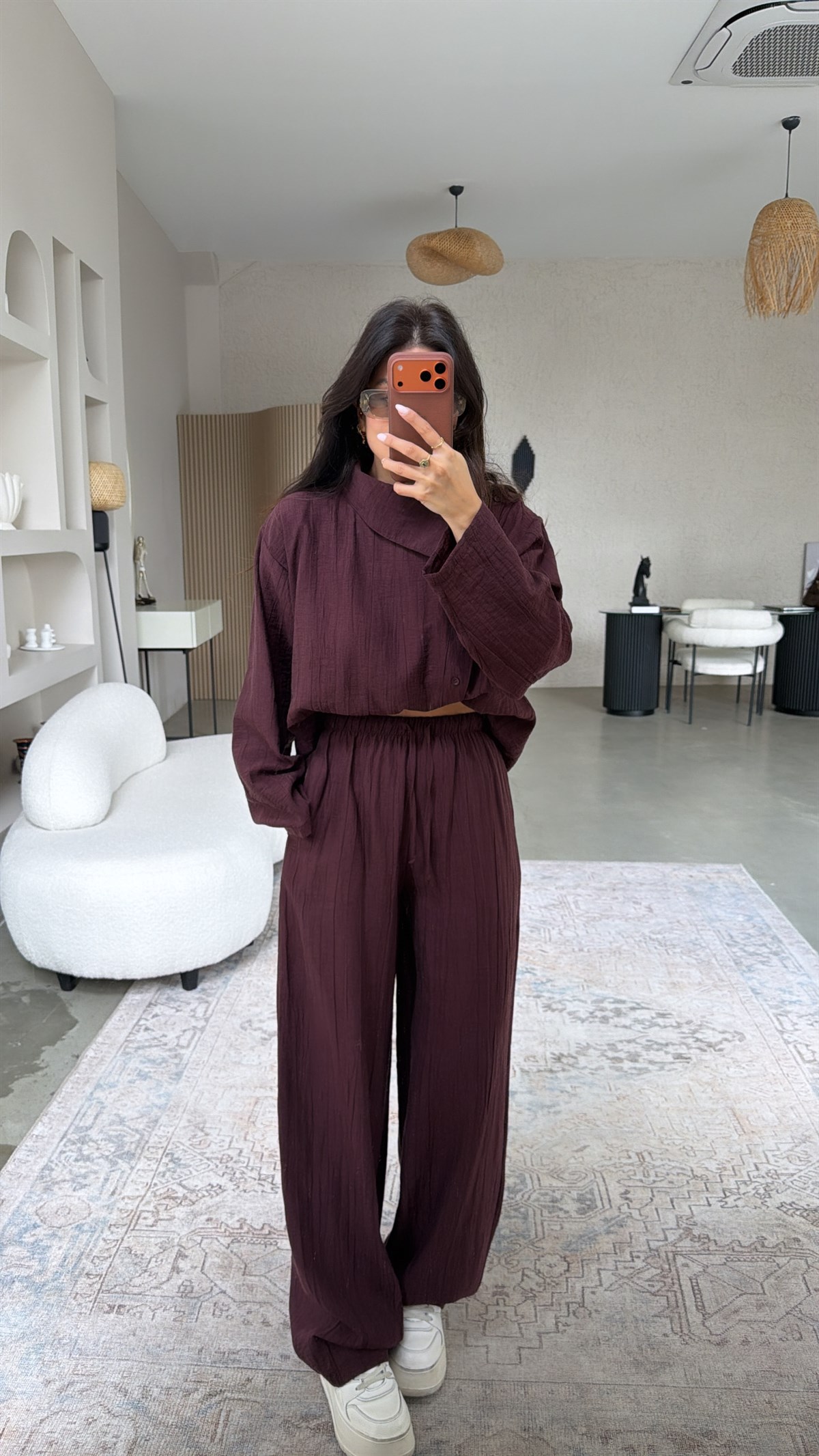 Mürdüm Yan Düğmeli Gömlek Pantolon Takım