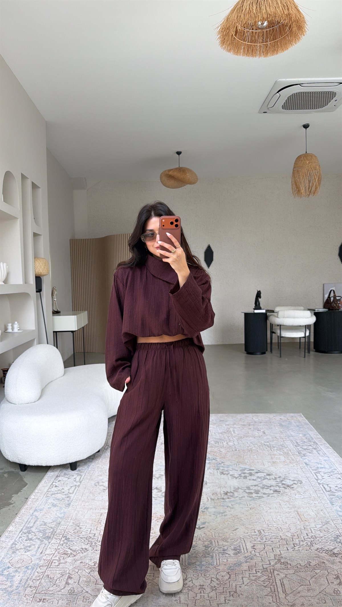 Mürdüm Yan Düğmeli Gömlek Pantolon Takım