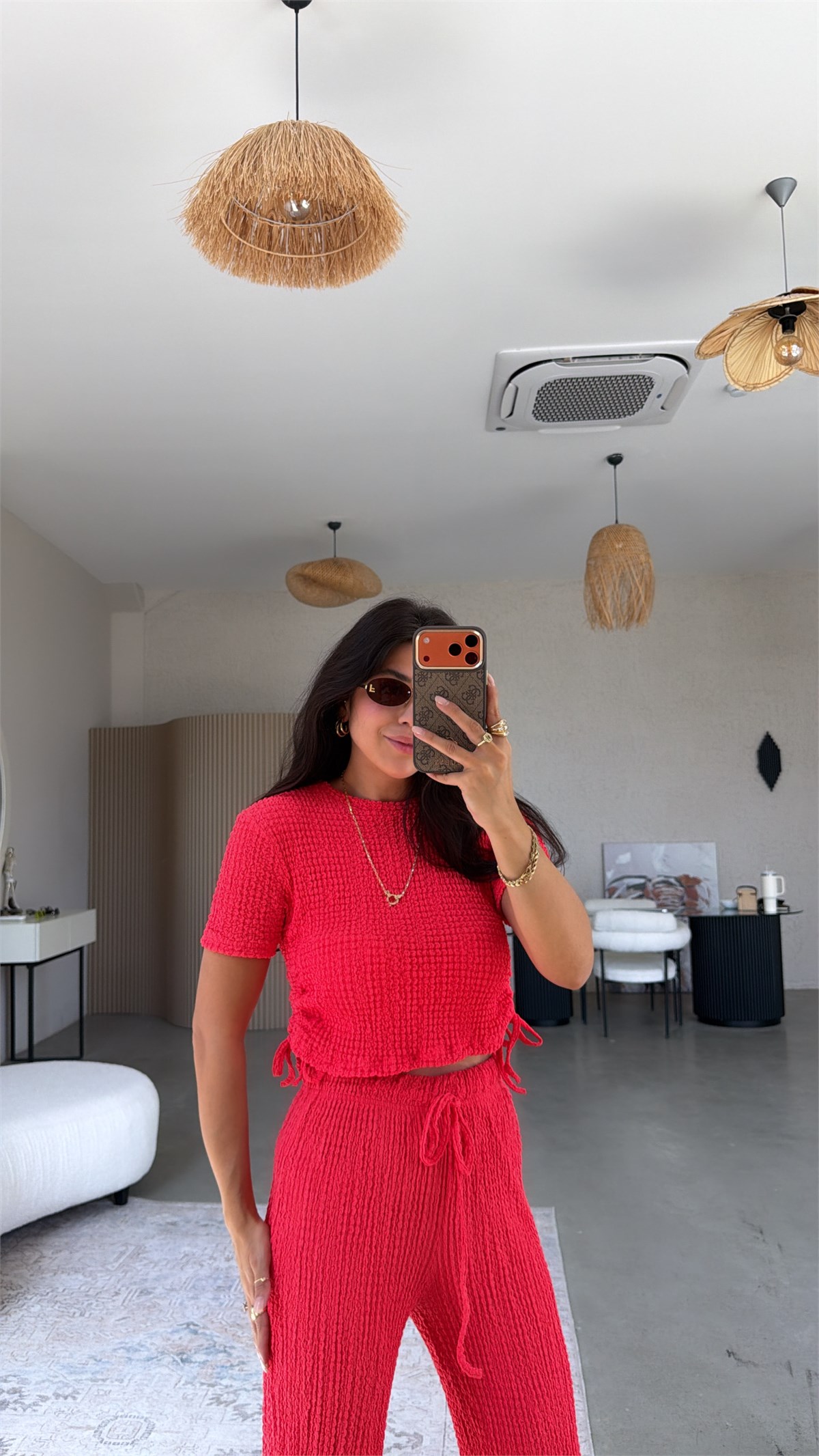 Narçiçeği Kenarları Bağlamalı Bubble Tshirt Pantolon Takım