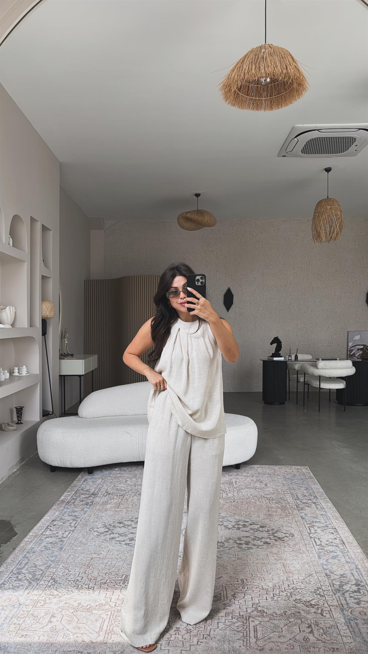 Naturel Keten Pantolon Bluz Takım