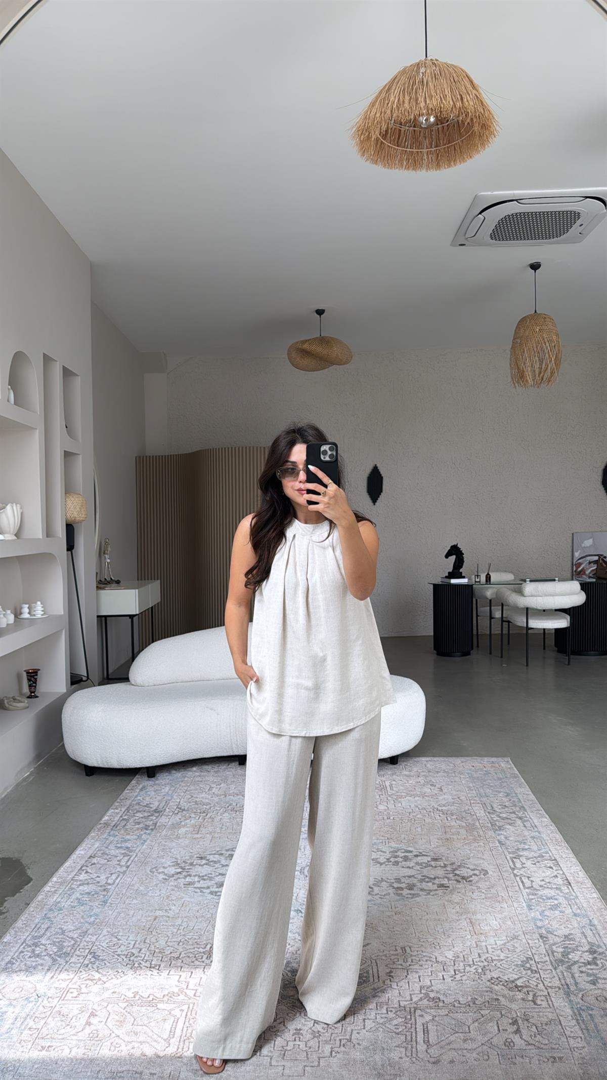 Naturel Keten Pantolon Bluz Takım