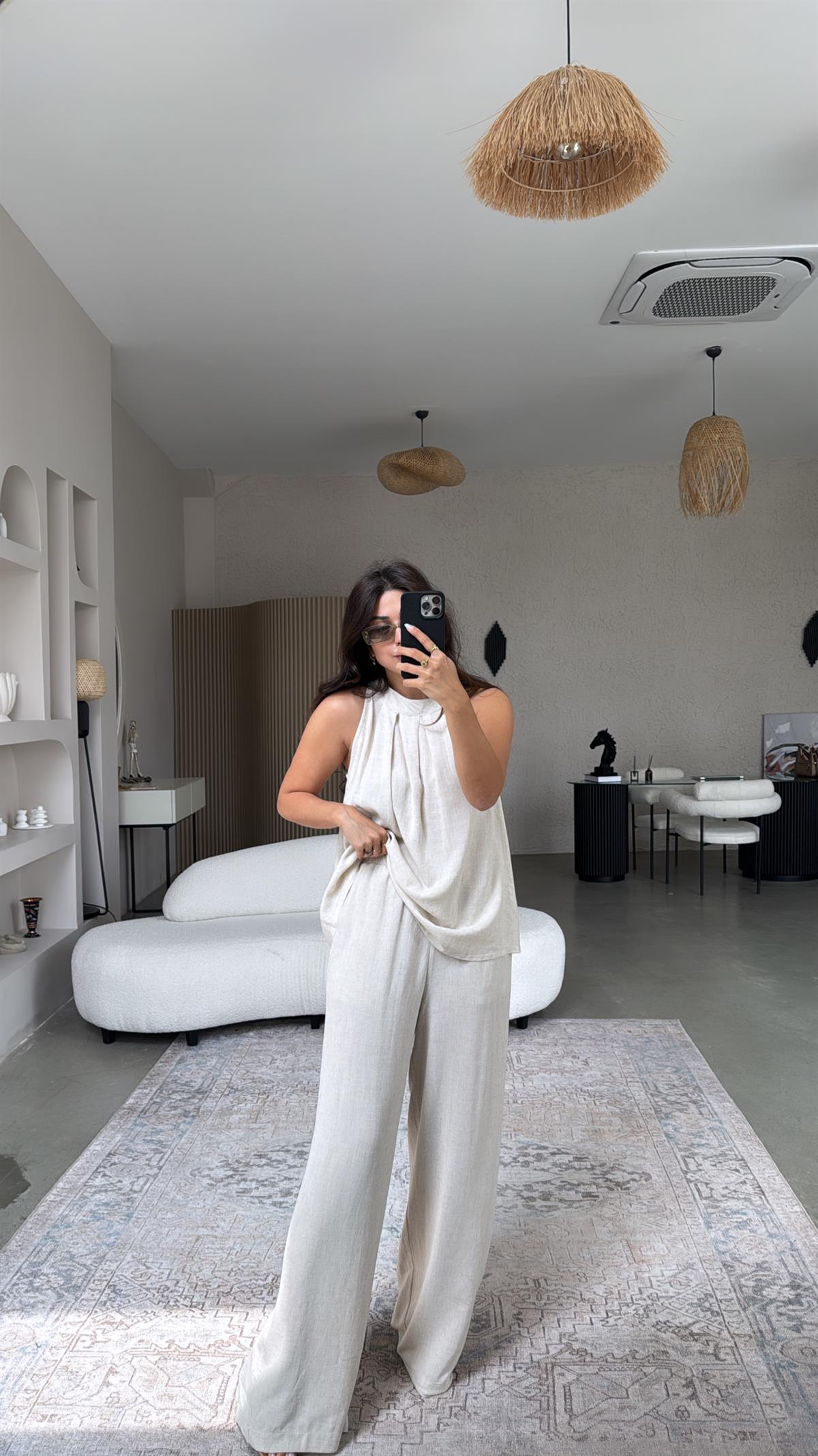 Naturel Keten Pantolon Bluz Takım