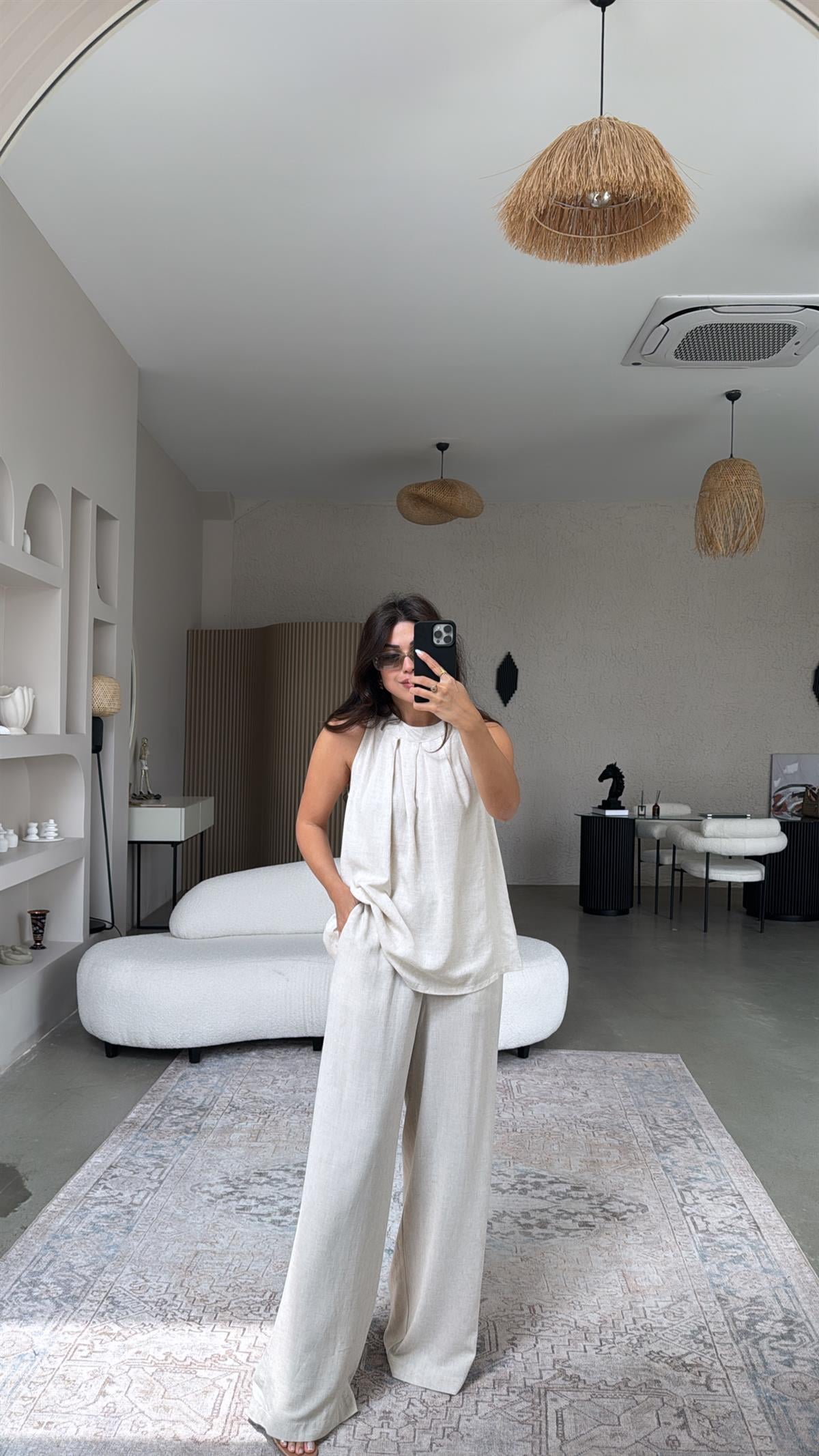 Naturel Keten Pantolon Bluz Takım