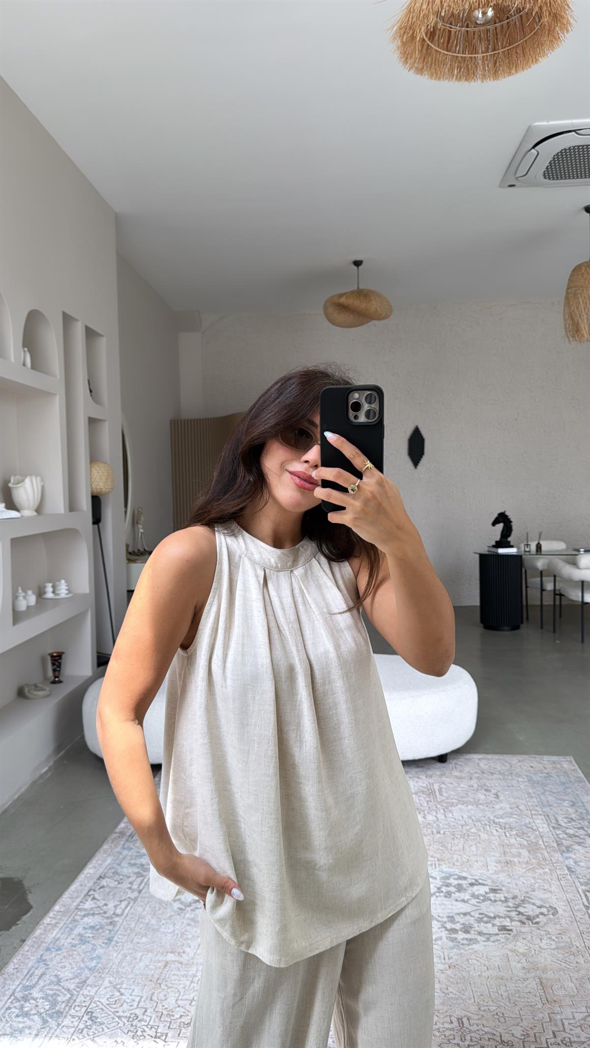 Naturel Keten Pantolon Bluz Takım