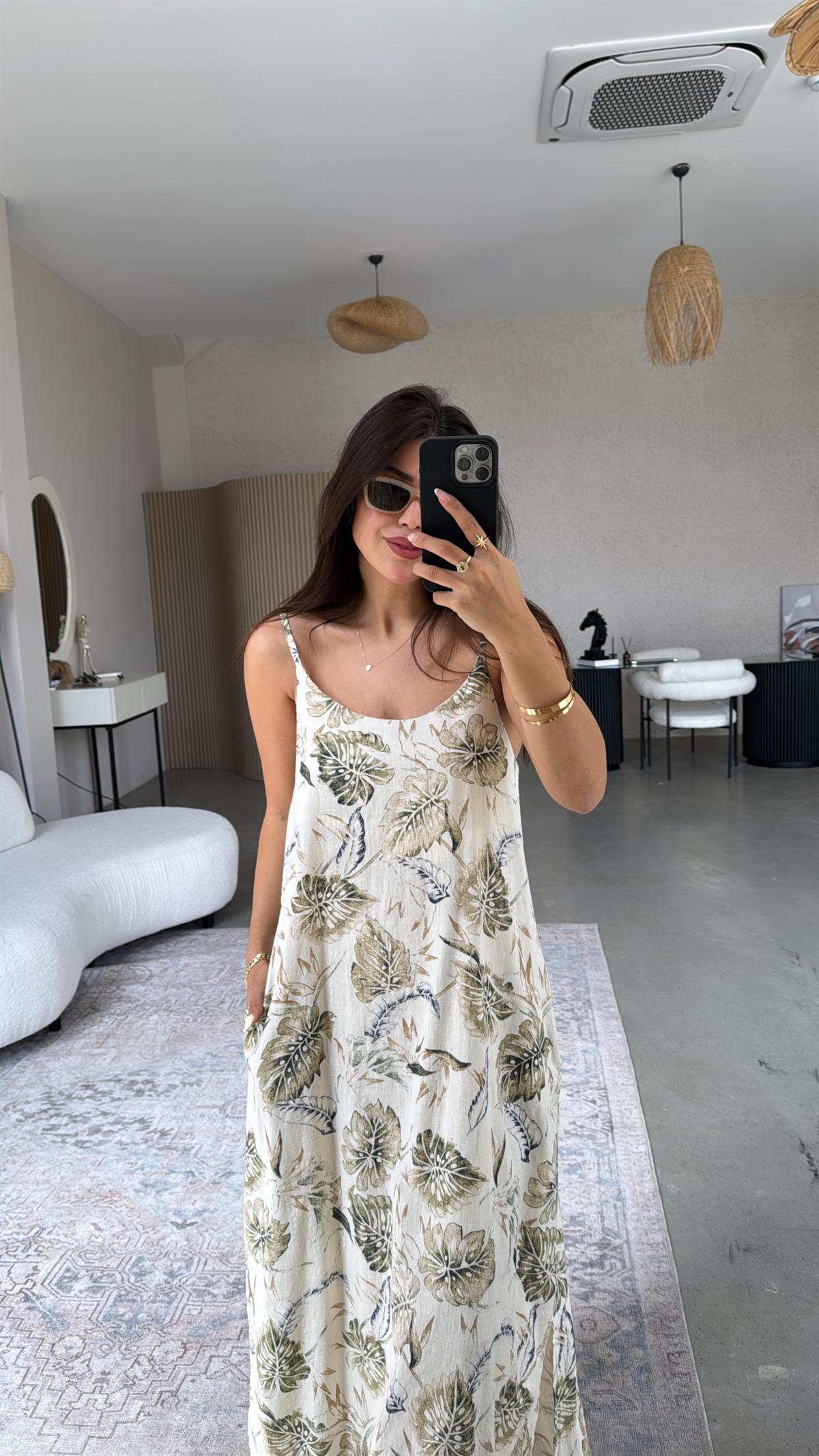 Naturel Yaprak Desenli Keten Elbise