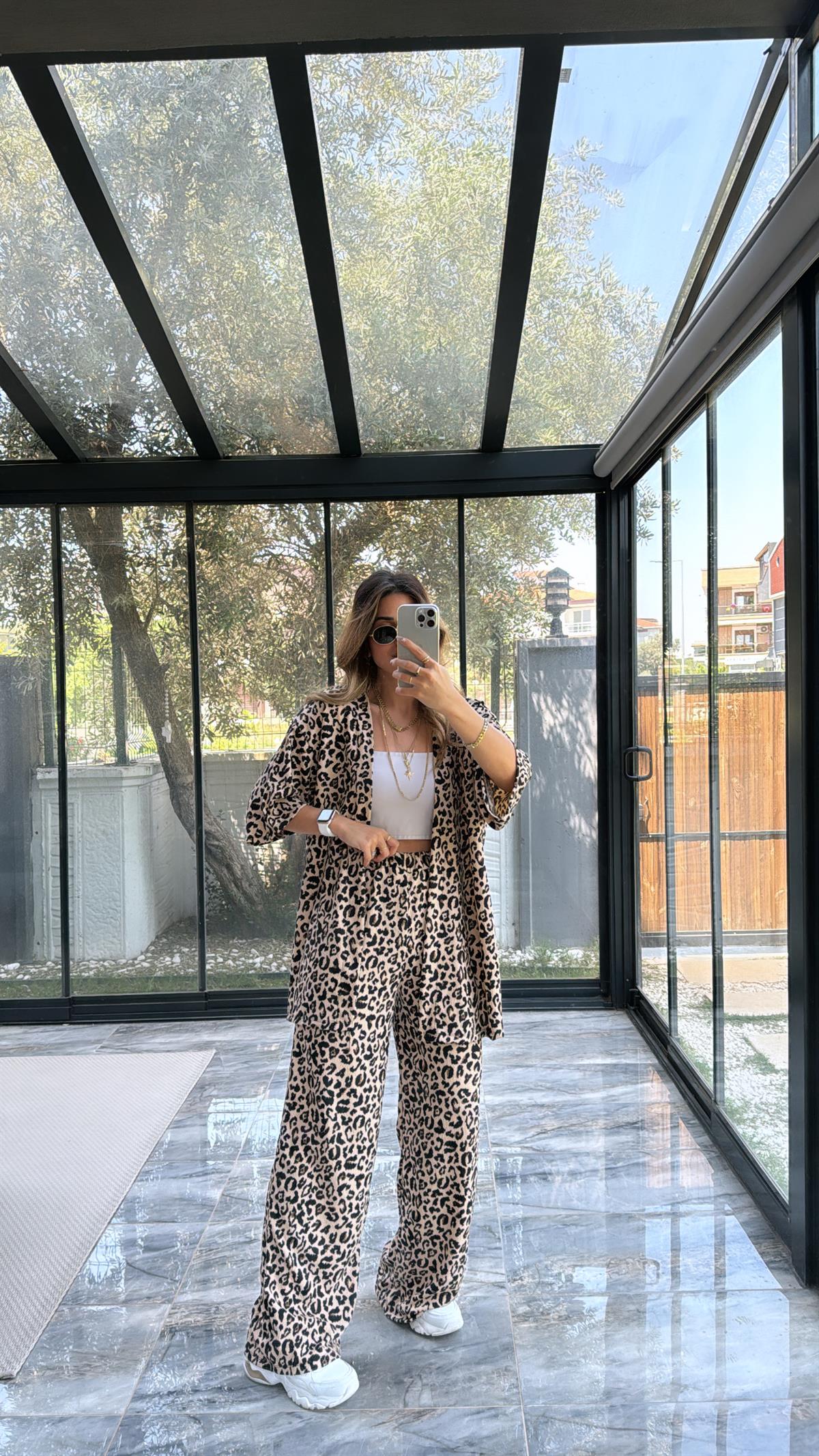 New Leopard Desenli Ceketli Takım