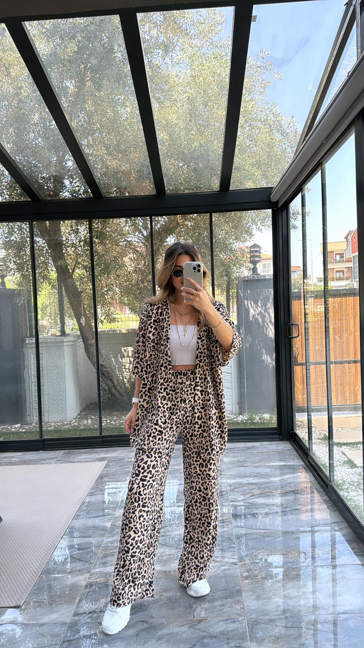 New Leopard Desenli Ceketli Takım