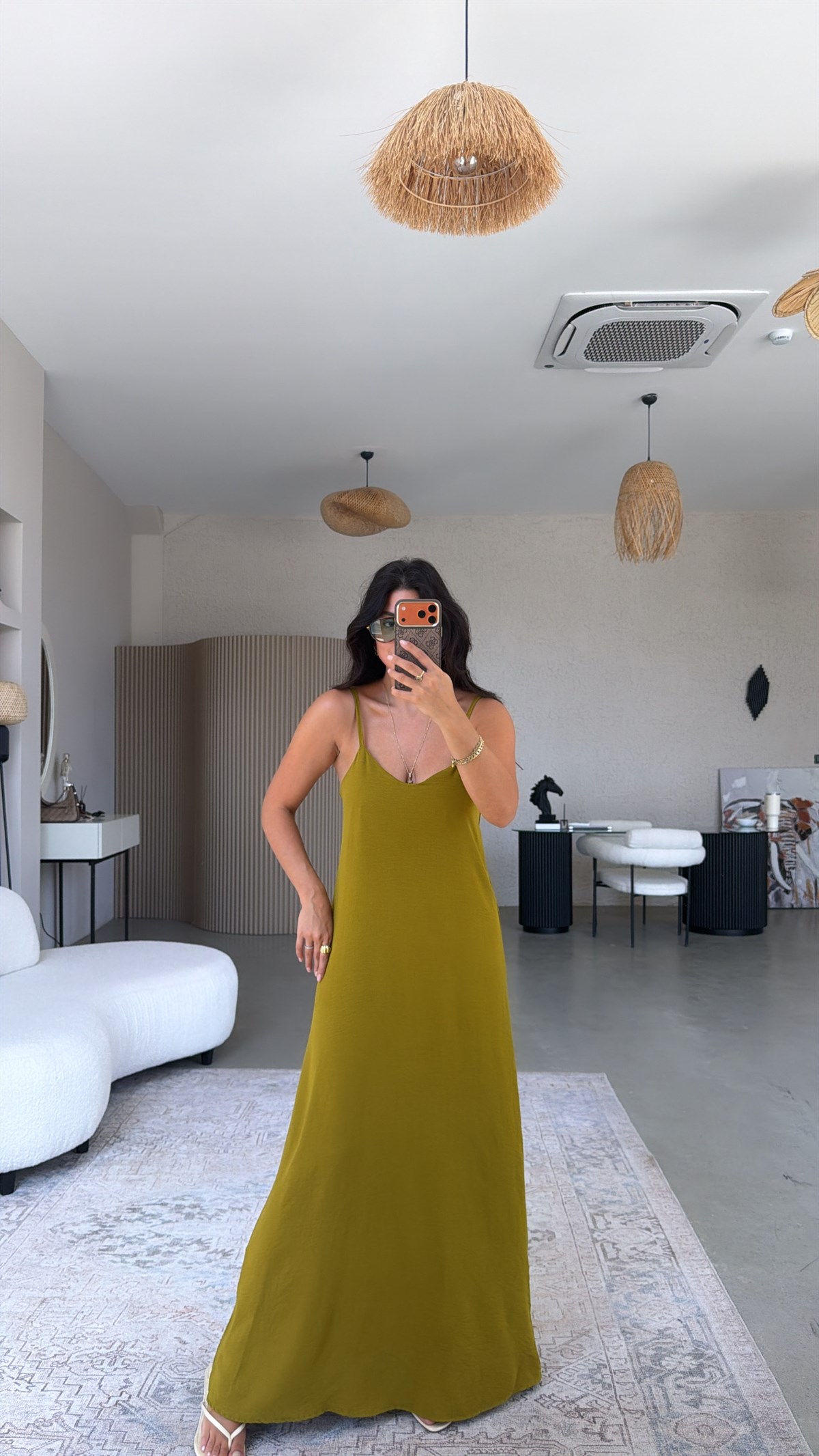 Olive Asansör Askılı Tiril Elbise