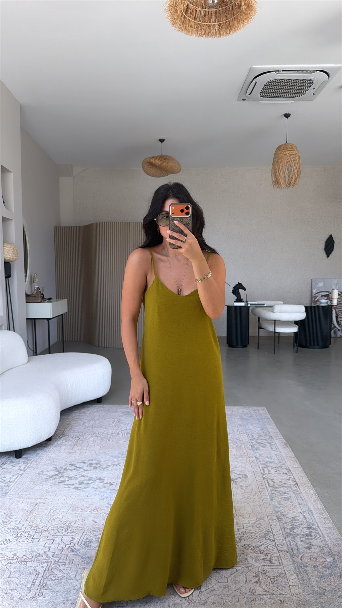 Olive Asansör Askılı Tiril Elbise
