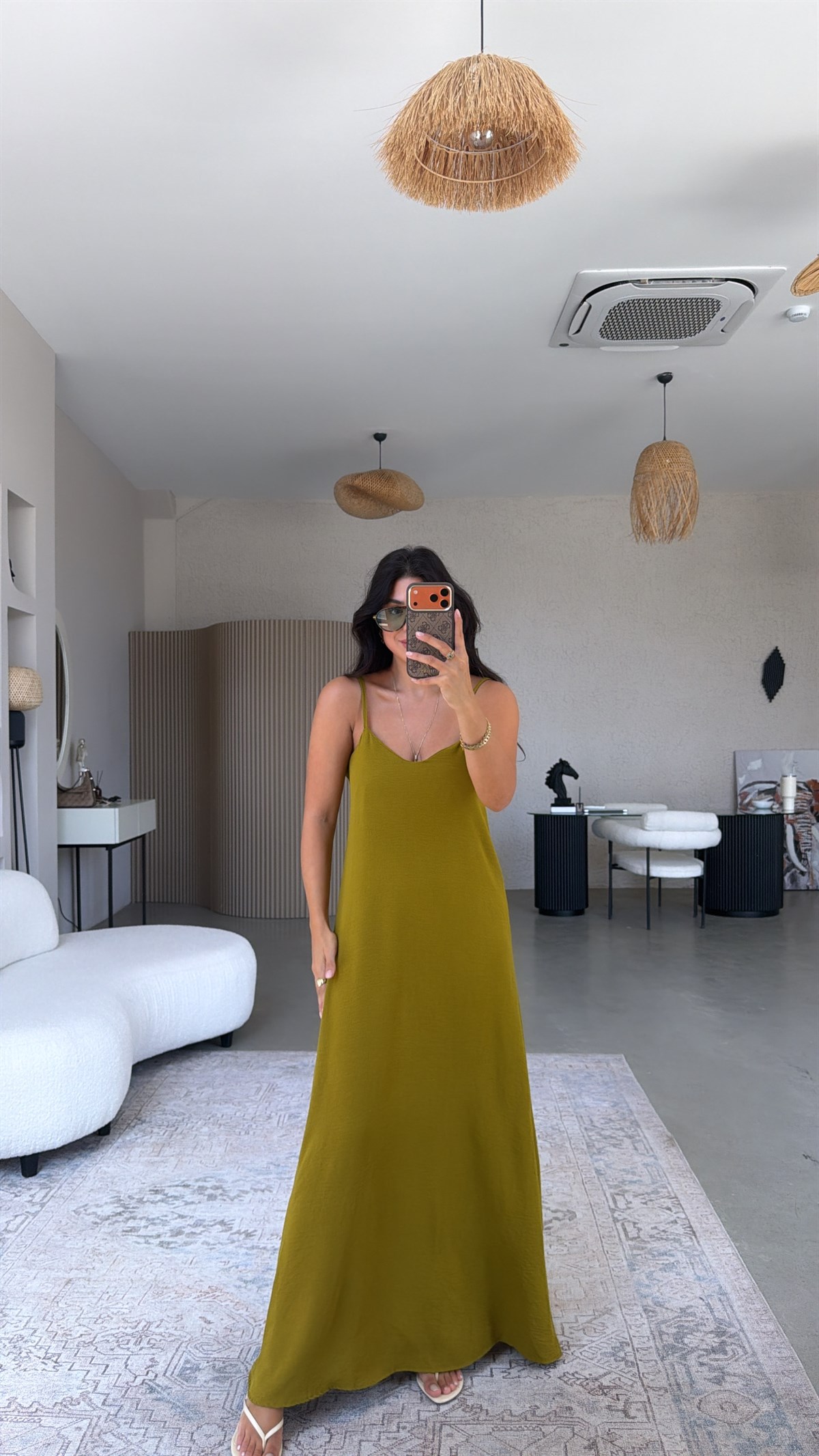Olive Asansör Askılı Tiril Elbise