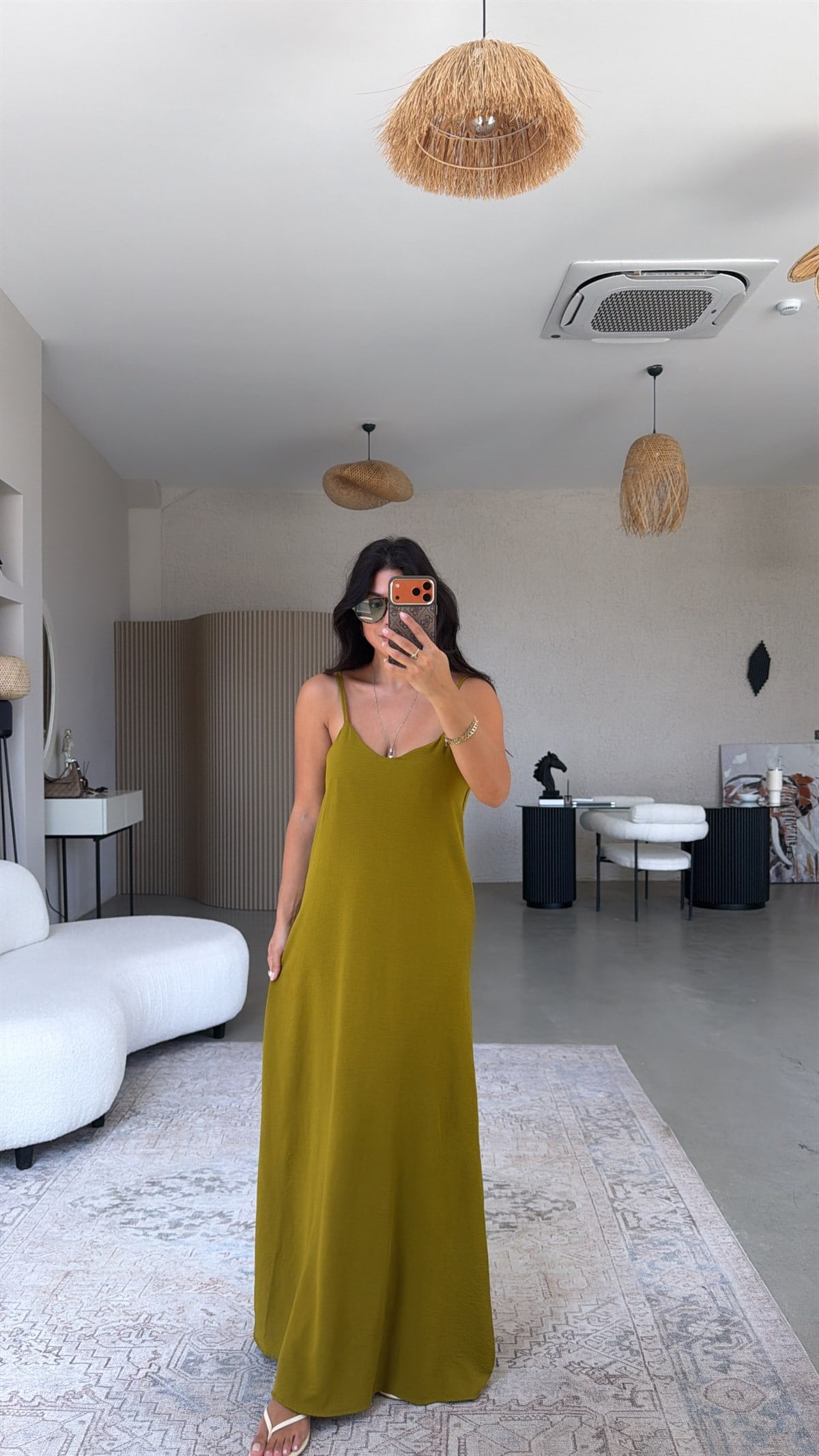 Olive Asansör Askılı Tiril Elbise