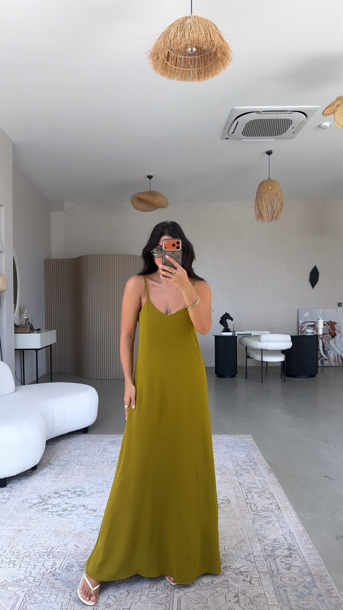 Olive Asansör Askılı Tiril Elbise