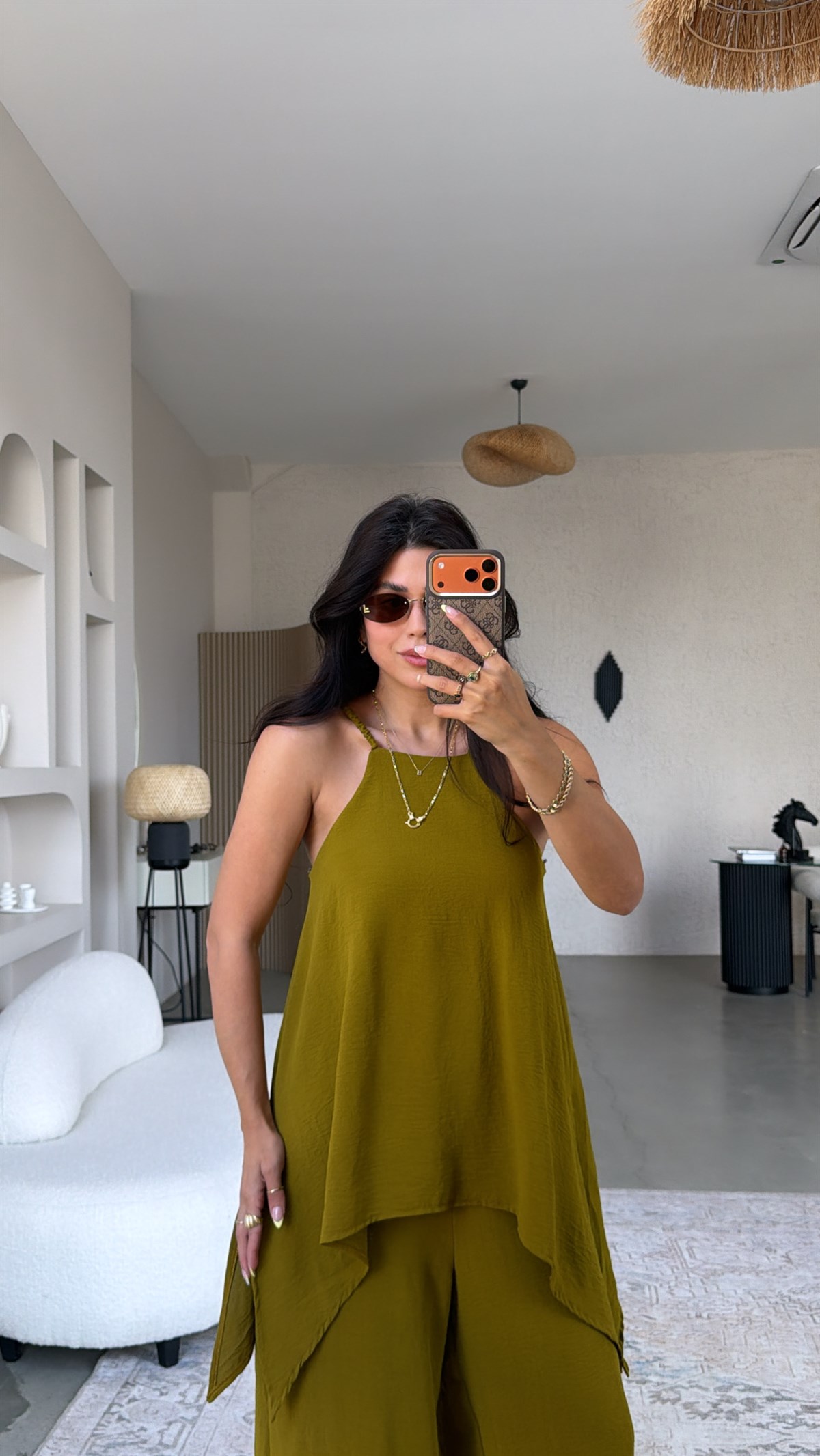 Olive Bluz Pantolon Görünümlü Tiril Tulum
