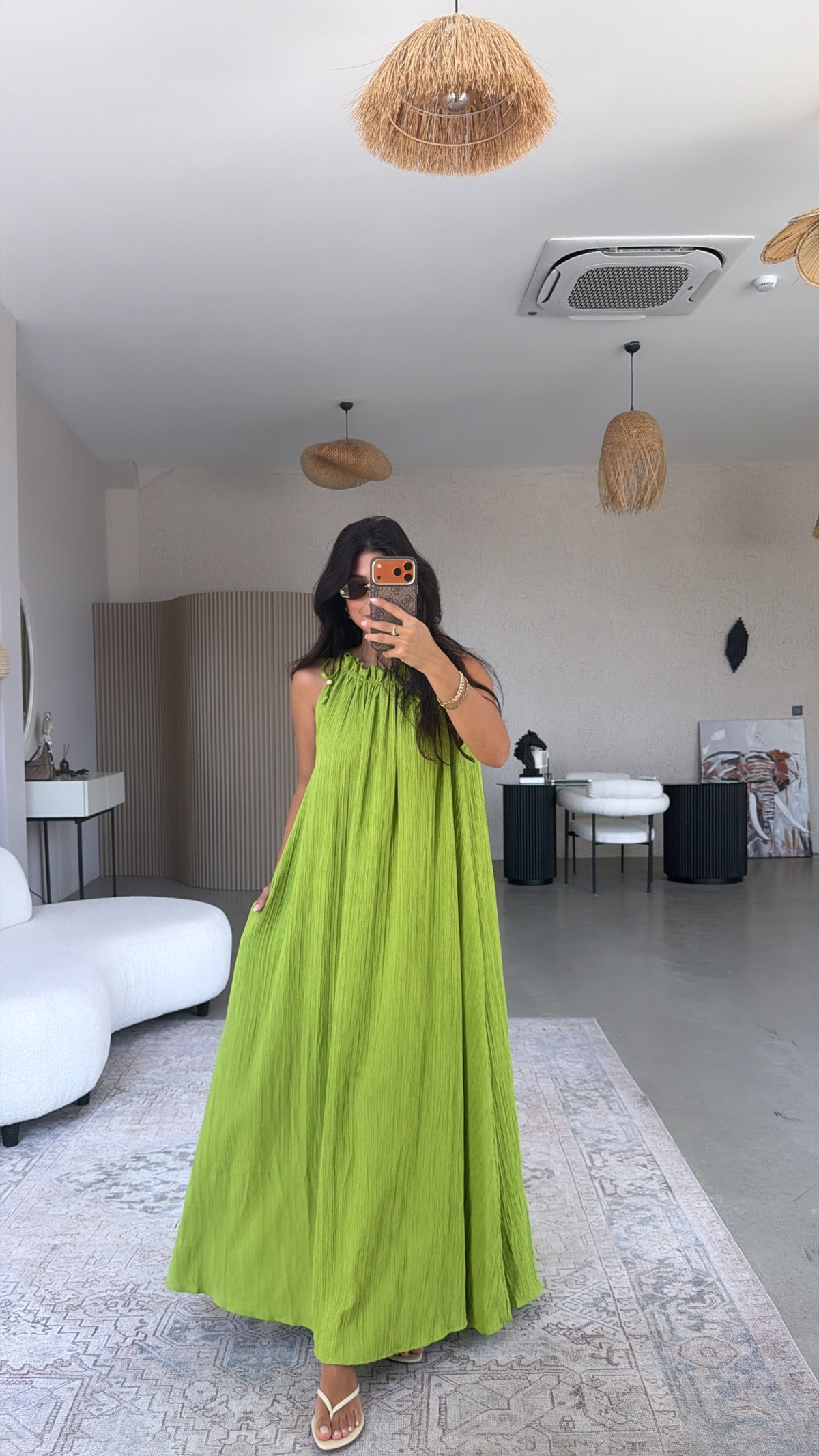 Olive Bürümcük Kumaş Yaka Büzgülü Salaş Elbise