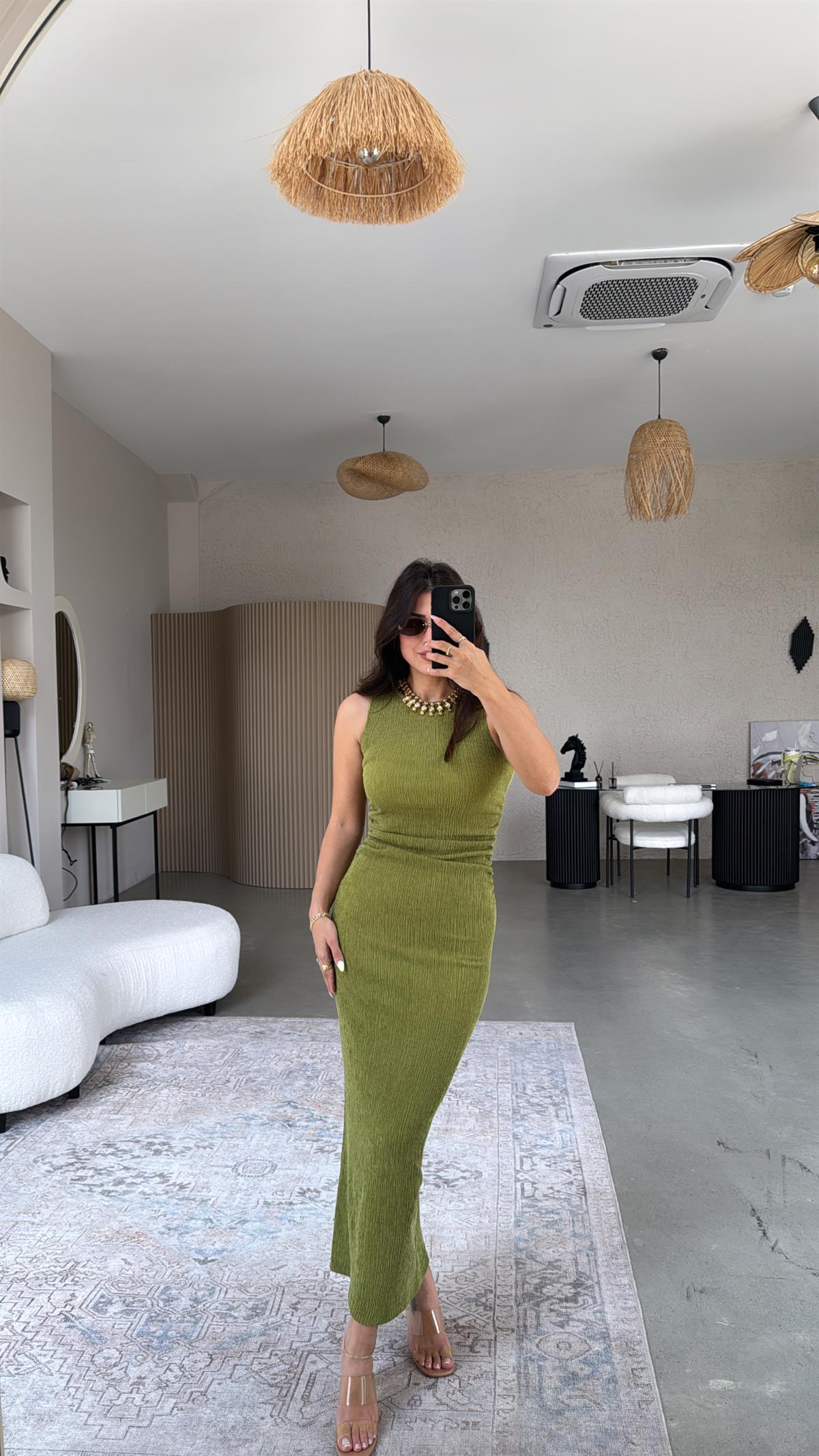 Olive Bürümcük ZR Model Büzgü Detay Elbise