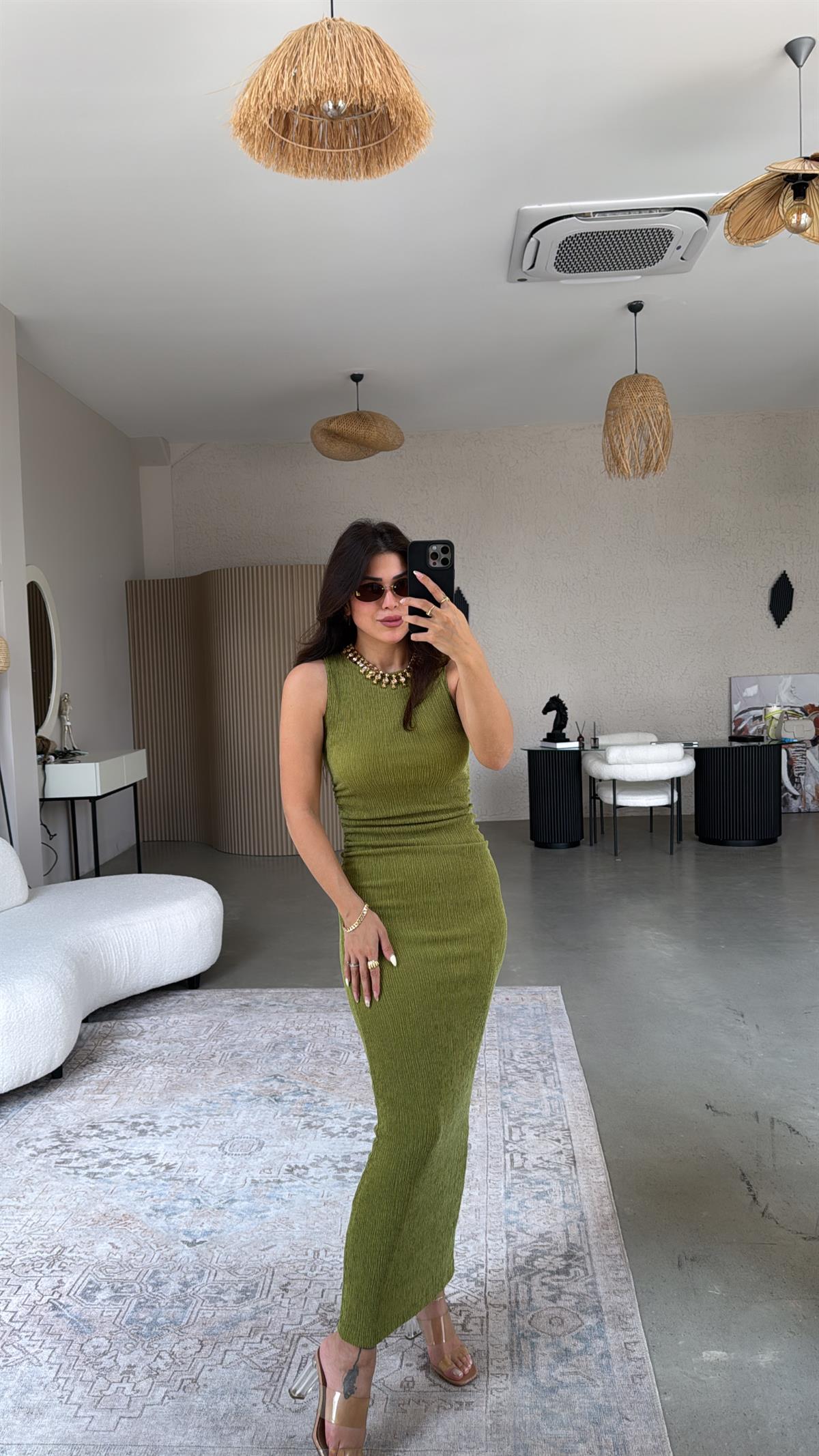 Olive Bürümcük ZR Model Büzgü Detay Elbise