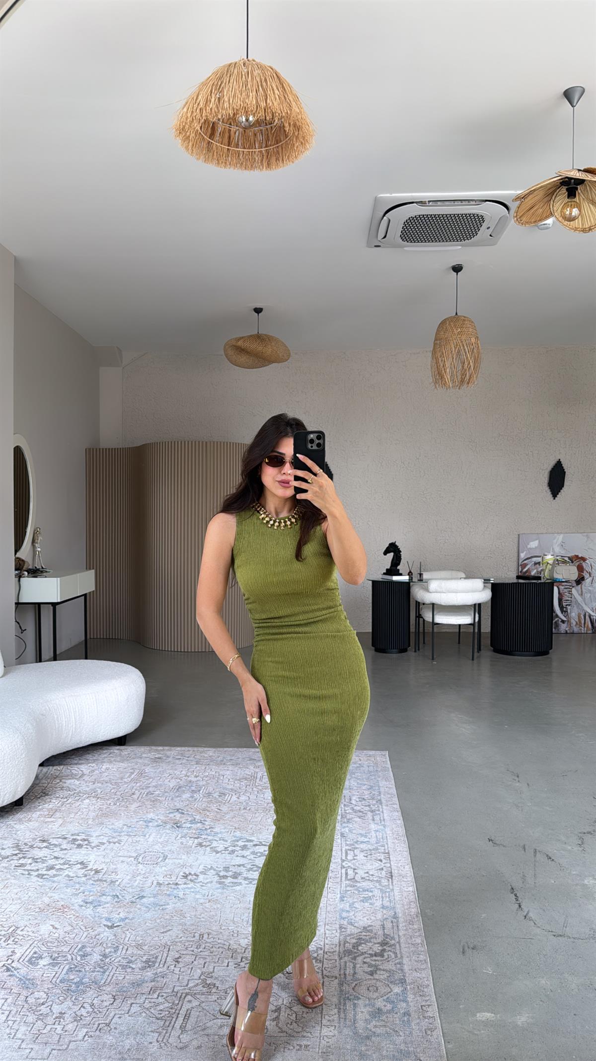 Olive Bürümcük ZR Model Büzgü Detay Elbise
