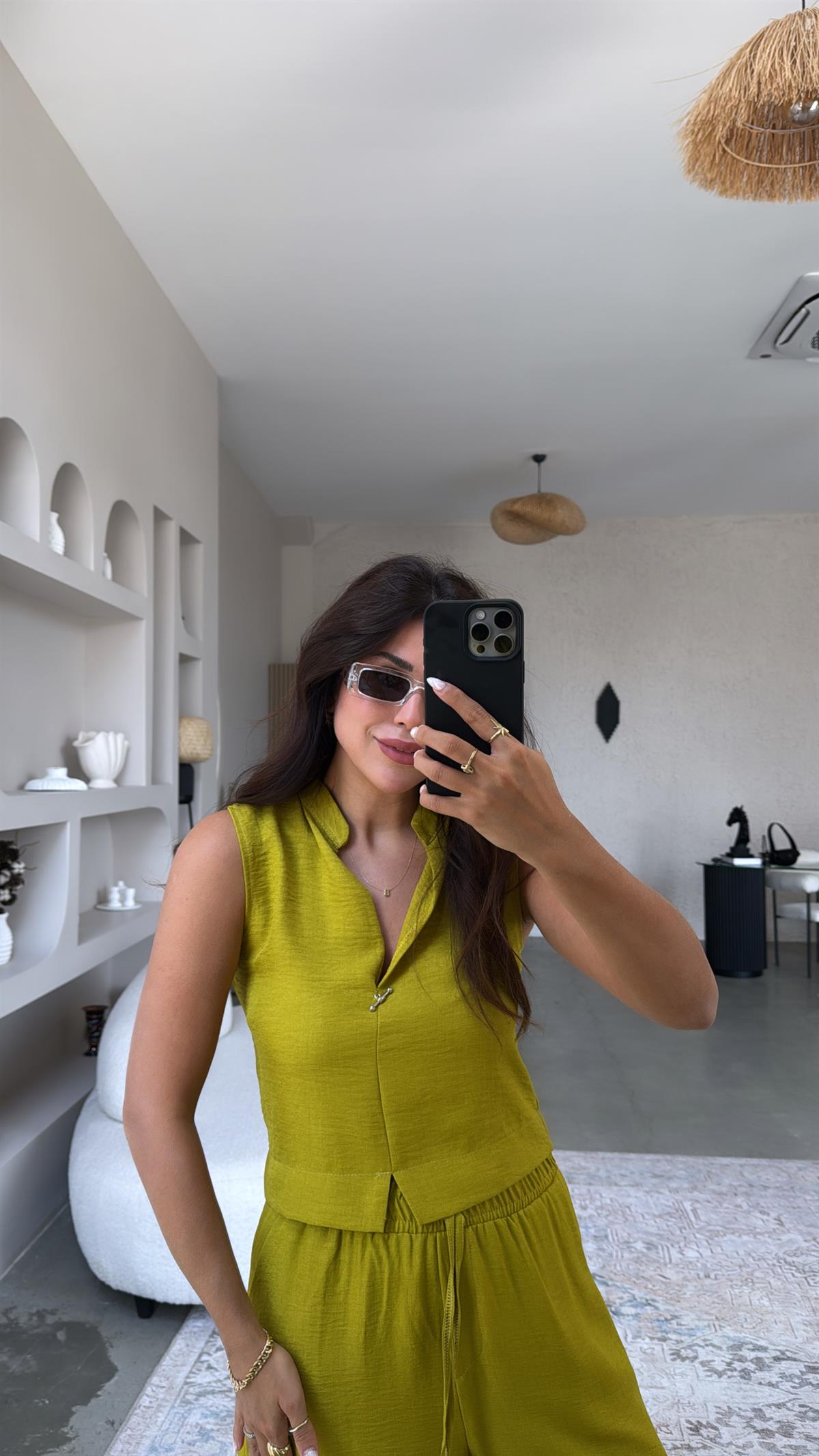 Olive Gümüş Aksesuarlı Pantolon Bluz Takım