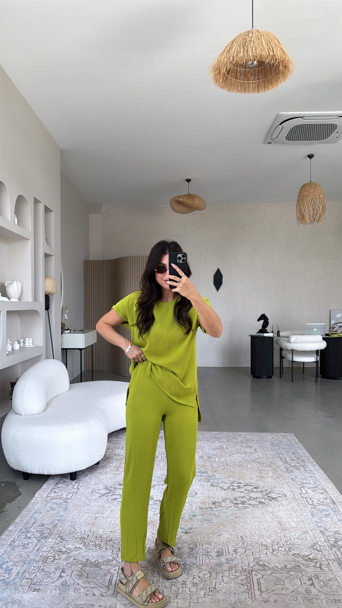 Olive Paça Pensli Pantolon Bluz Takım