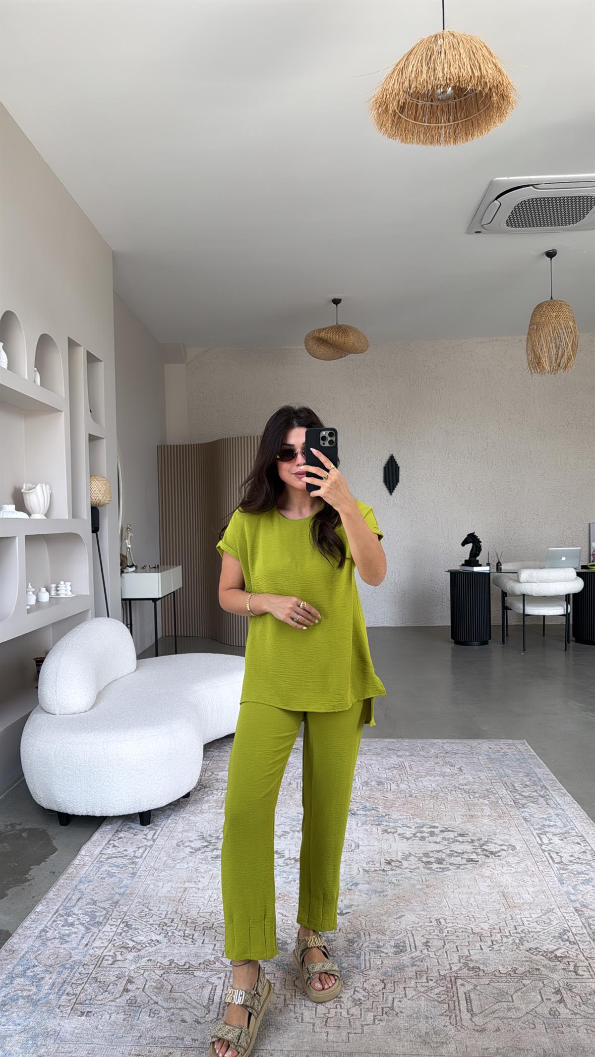 Olive Paça Pensli Pantolon Bluz Takım
