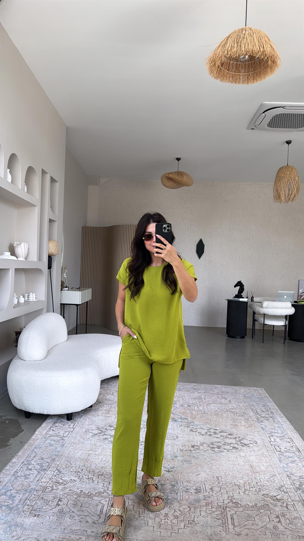 Olive Paça Pensli Pantolon Bluz Takım