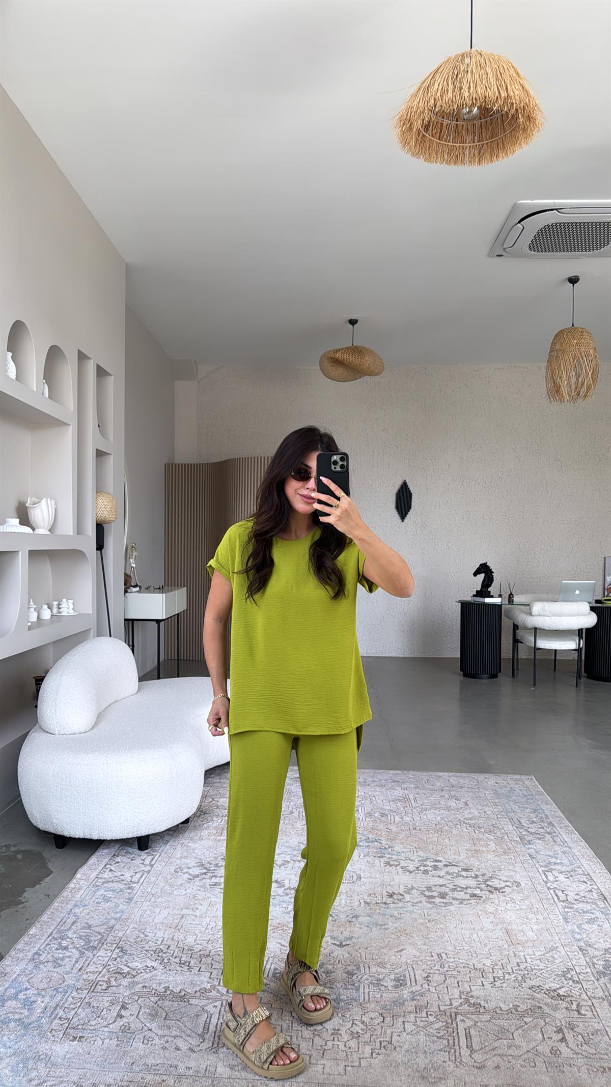 Olive Paça Pensli Pantolon Bluz Takım