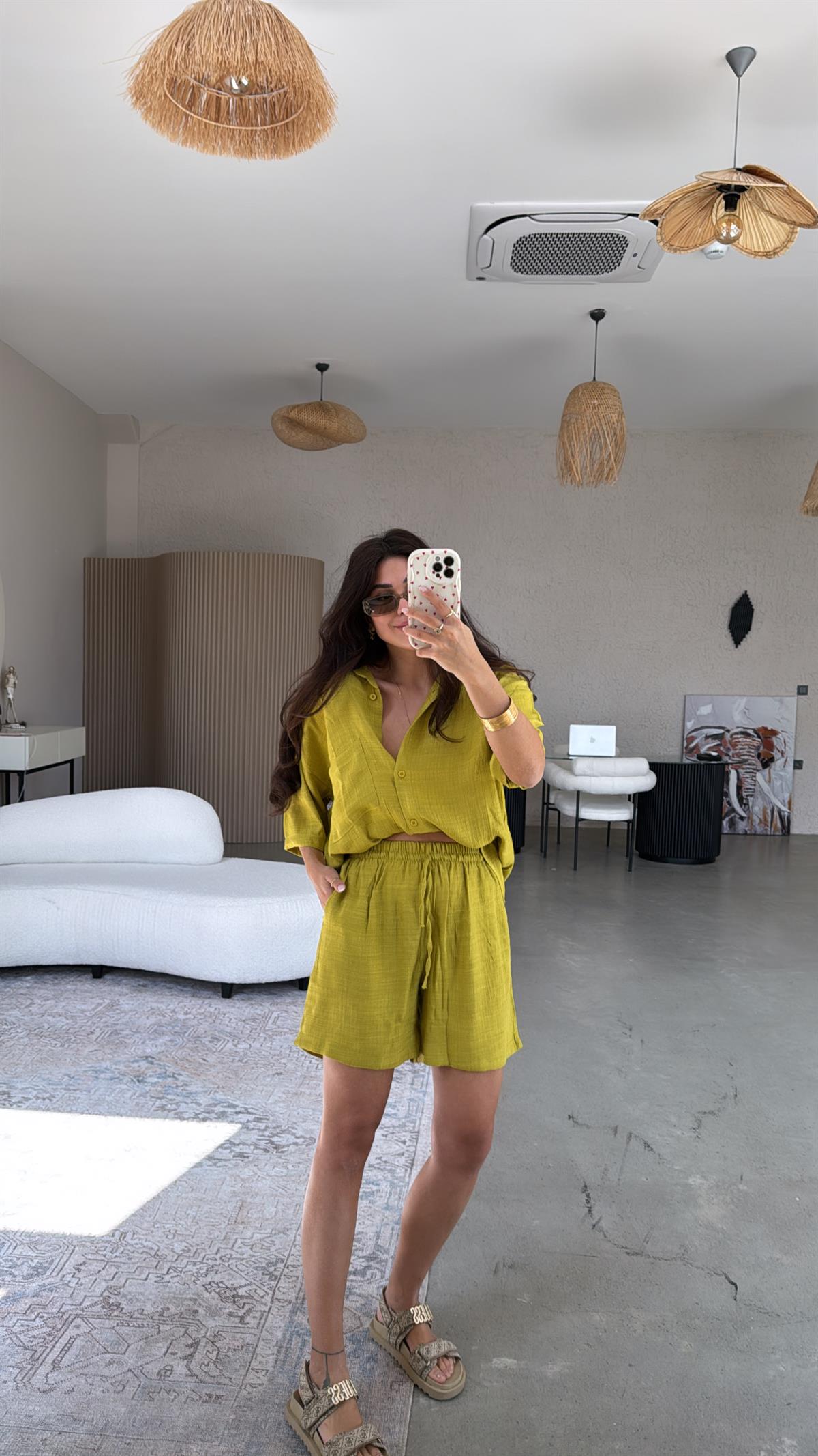 Olive Şort Gömlek Takım