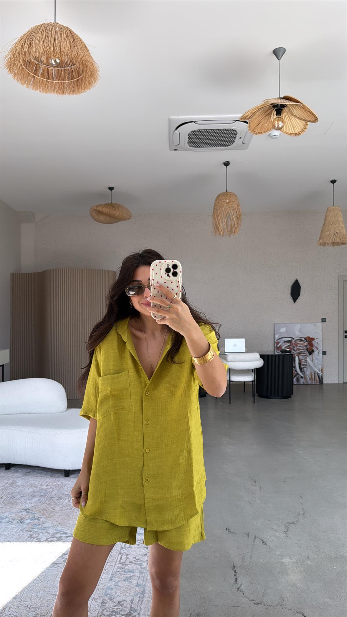 Olive Şort Gömlek Takım