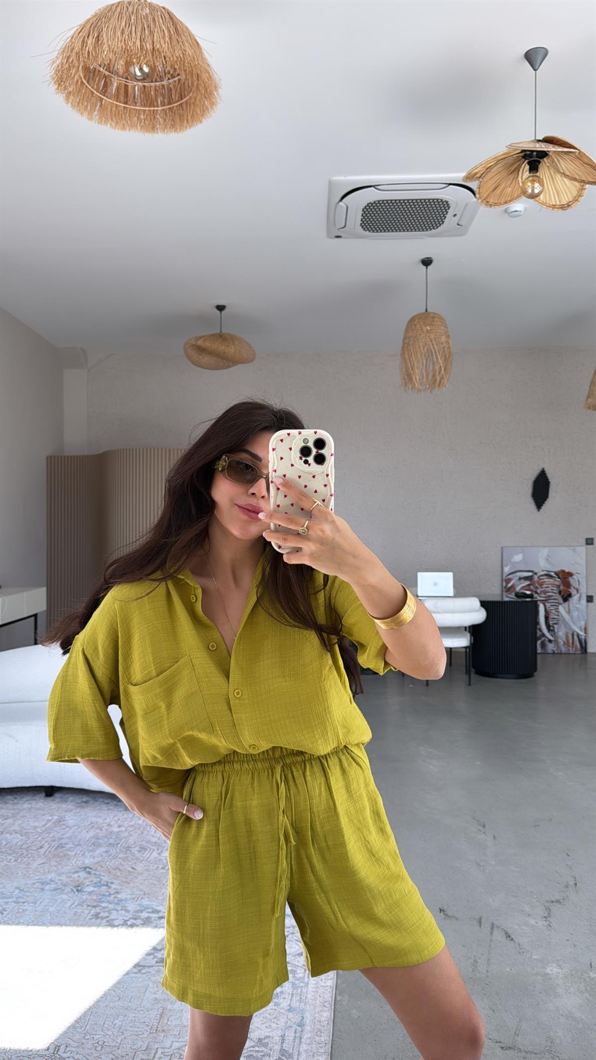 Olive Şort Gömlek Takım